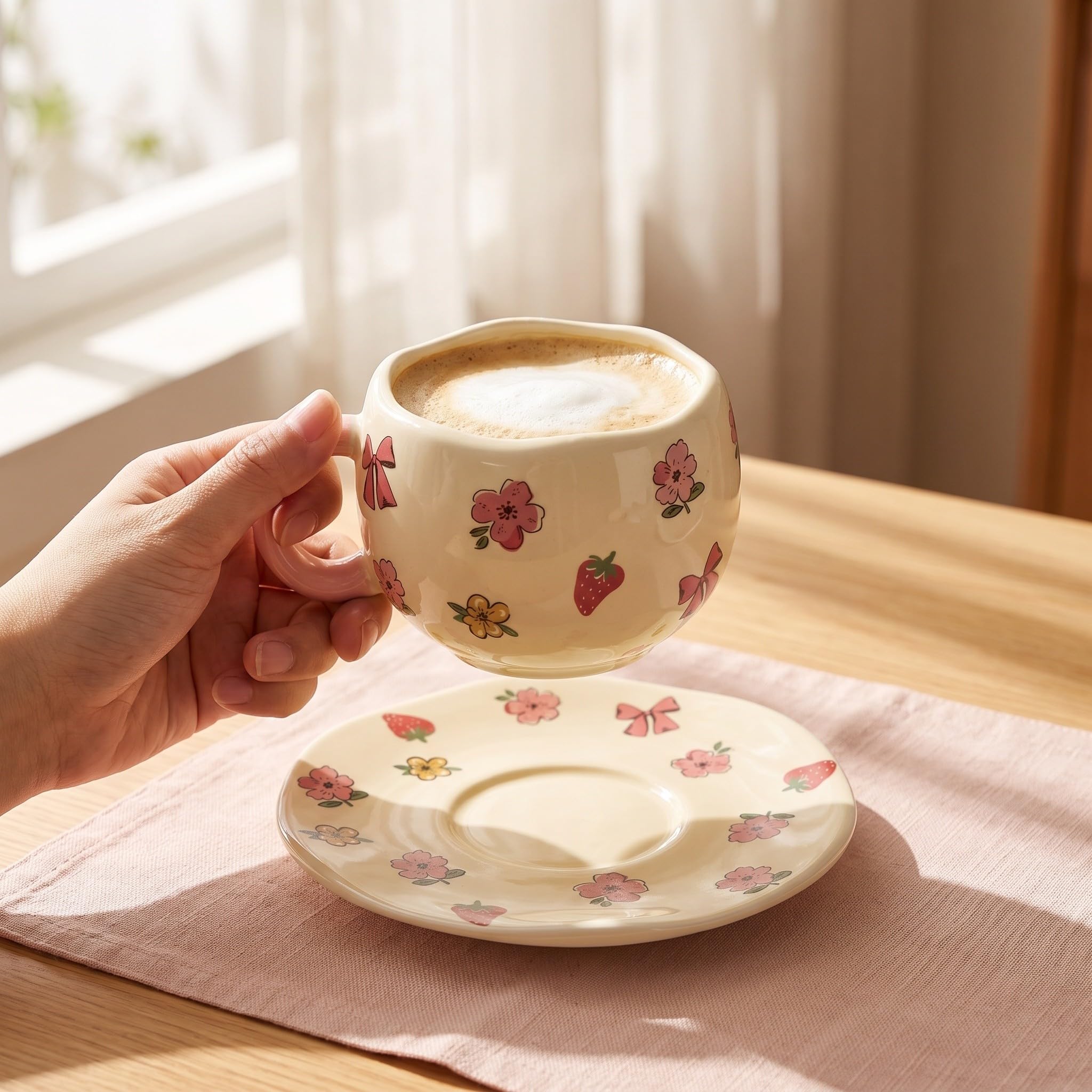 Tasses à thé en céramique, Tasse à thé avec soucoupe et nœud rose, tasse latte 330 ml/11 oz