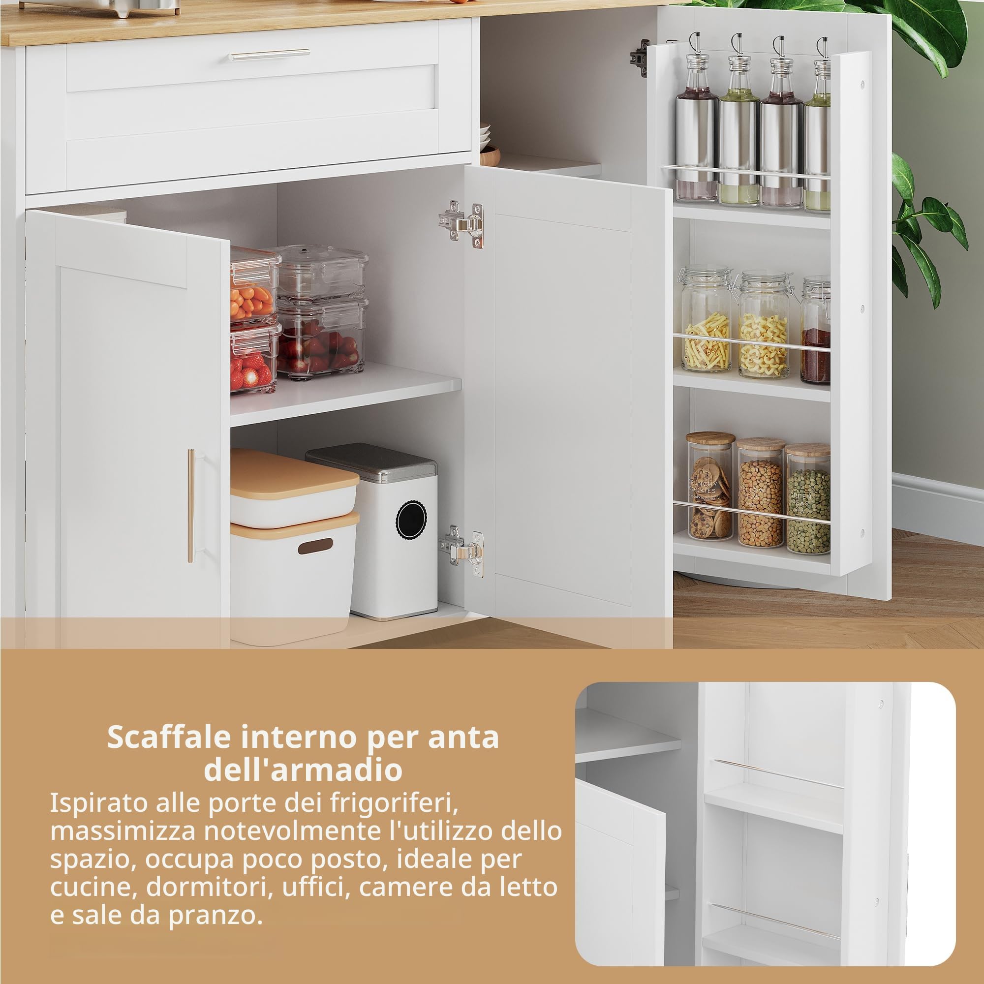 Carrello per isola da cucina con piano di lavoro pieghevole, armadio da cucina su ruote con cassetto e portaspezie e 3 ante, isola da cucina mobile, per cucina e sala da pranzo, 132,5 x 44 (70