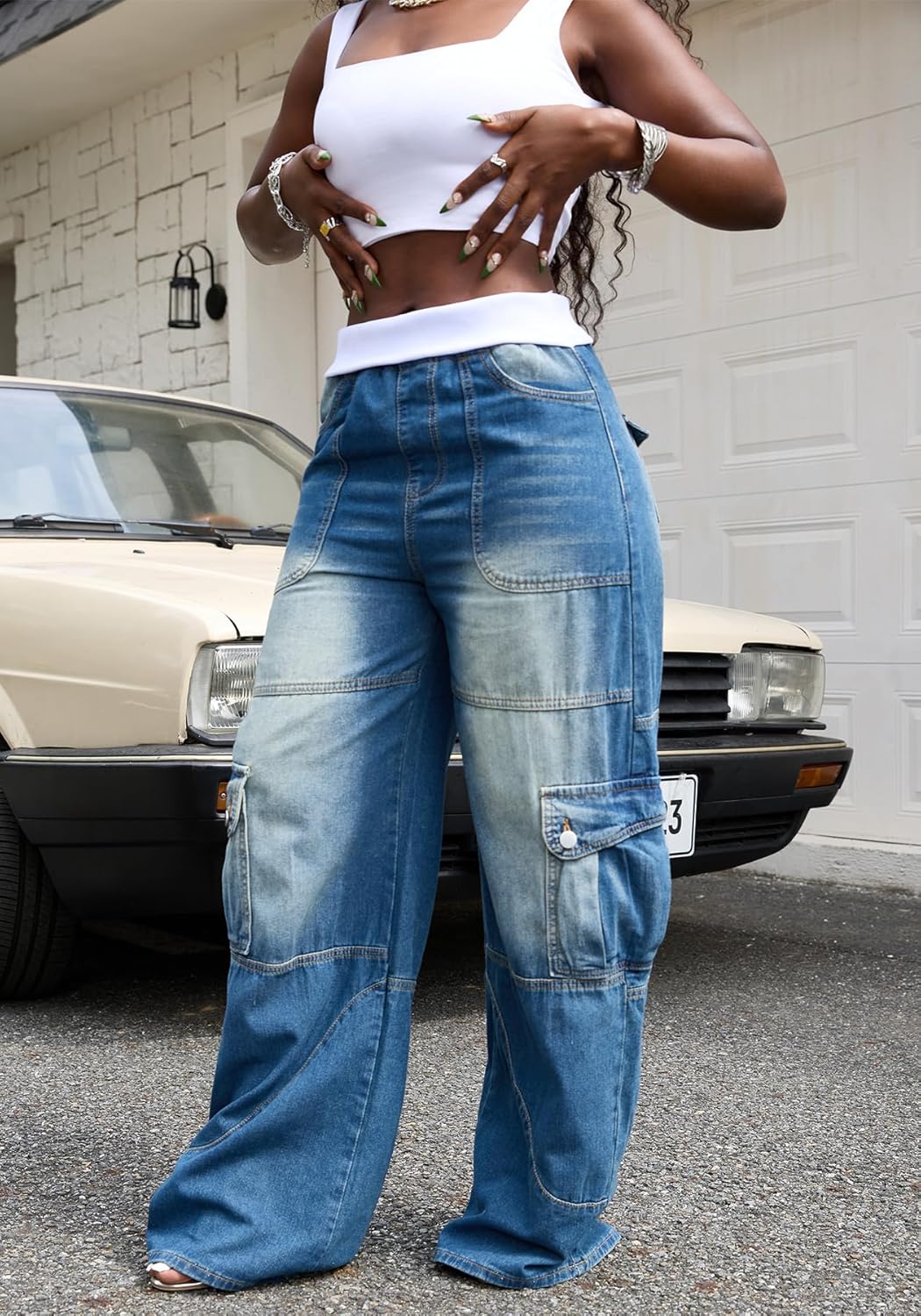 Womens Baggy Cargo Jeans High Waisted Vintage Wide Leg Denim Pants Loose Barrel Jeans Streetwear