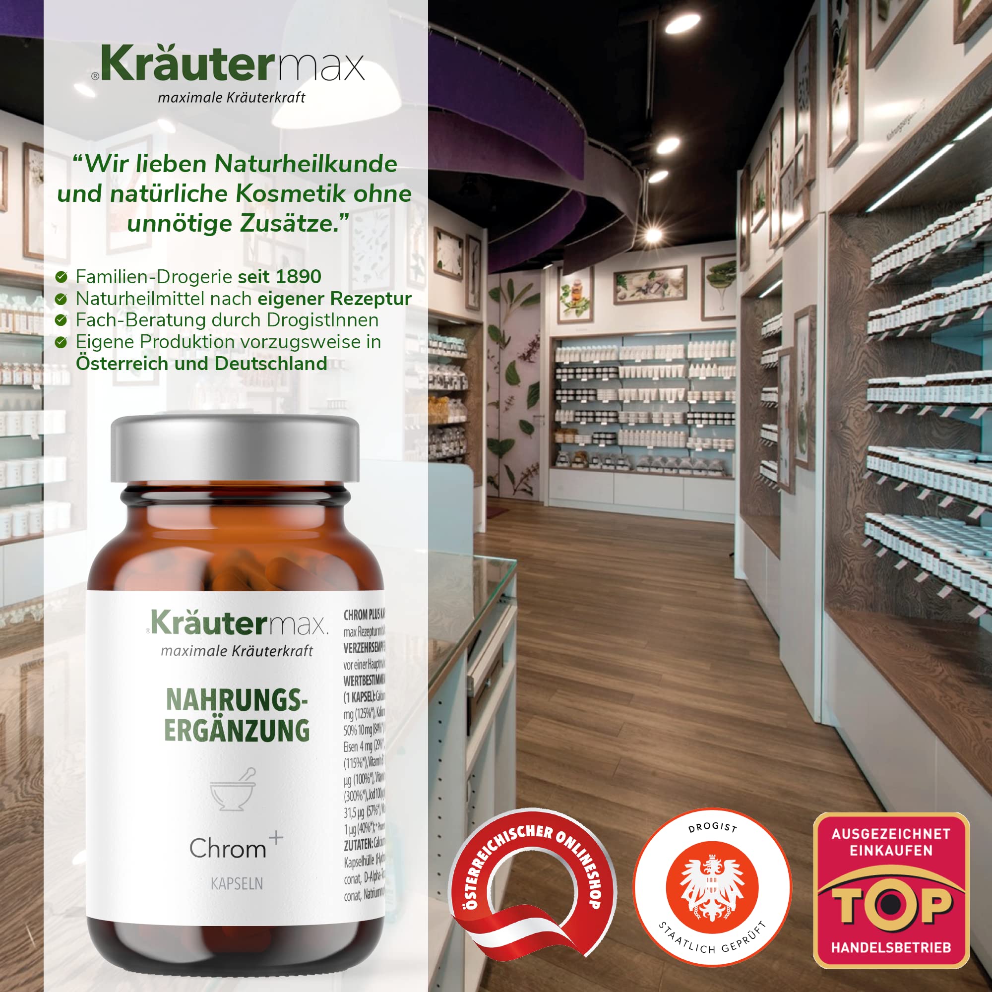 NEU! Chrom Kapseln hochdosiert | Chrom Tabletten mit Zink, Selen und Mangan nach Kräutermax Originalrezeptur | Vegan - für den Erhalt eines normalen Blutzuckerspiegels | 1 x 60 Stück