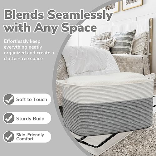 Miniatura 5 de Goodpick Cesta grande de almacenamiento de juguetes, cestas de cuerda de algodón gris para bebés, niños, cesta de almacenamiento tejida con asa para