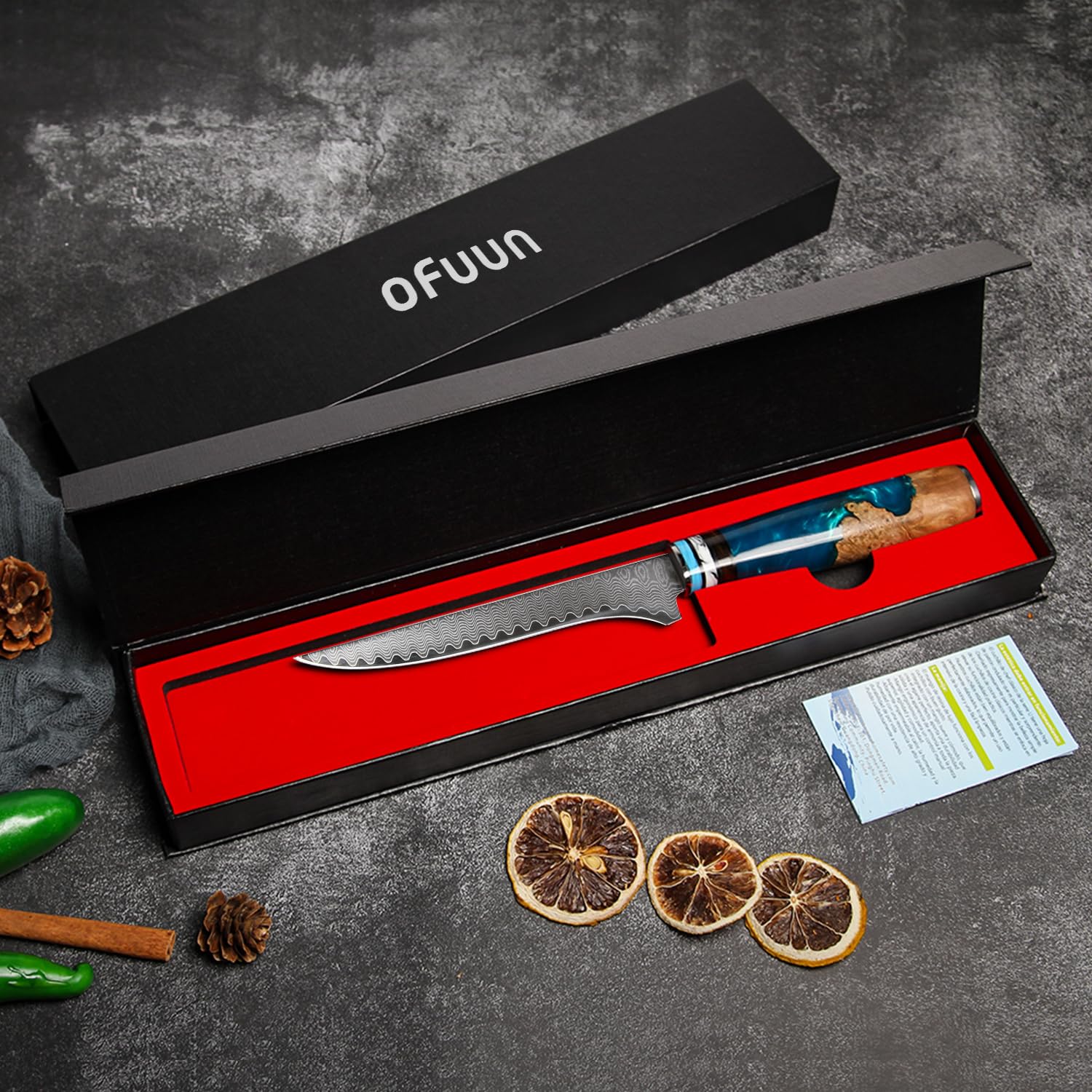 Cuchillo de Deshuesar Damasco, 15CM Cuchillo cocina de acero Damasco con caja de regalo, para deshuesar carne, aves, pollo, pescado
