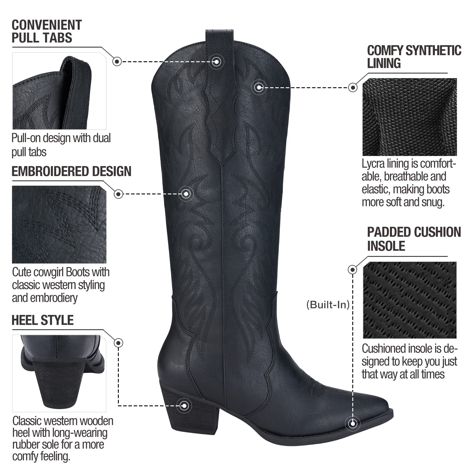 Rollda Cowboy Boots for Women Embroidered Cowgirl Boots Knee-High Western Boots with Chunky Heel Black Size 8.5