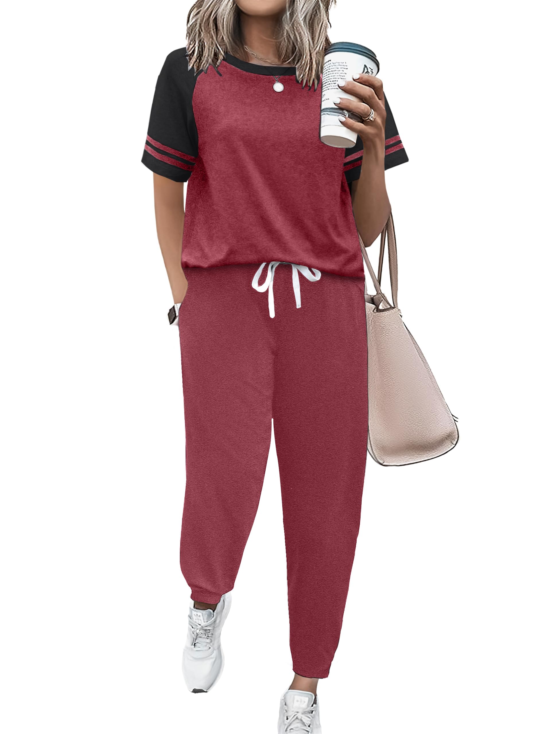 Ekouaer Lounge Sets for Women Two Piece Pajama Set Short Sleeve Crewneck Jogger Outfits and Sweatpants Tracksuit