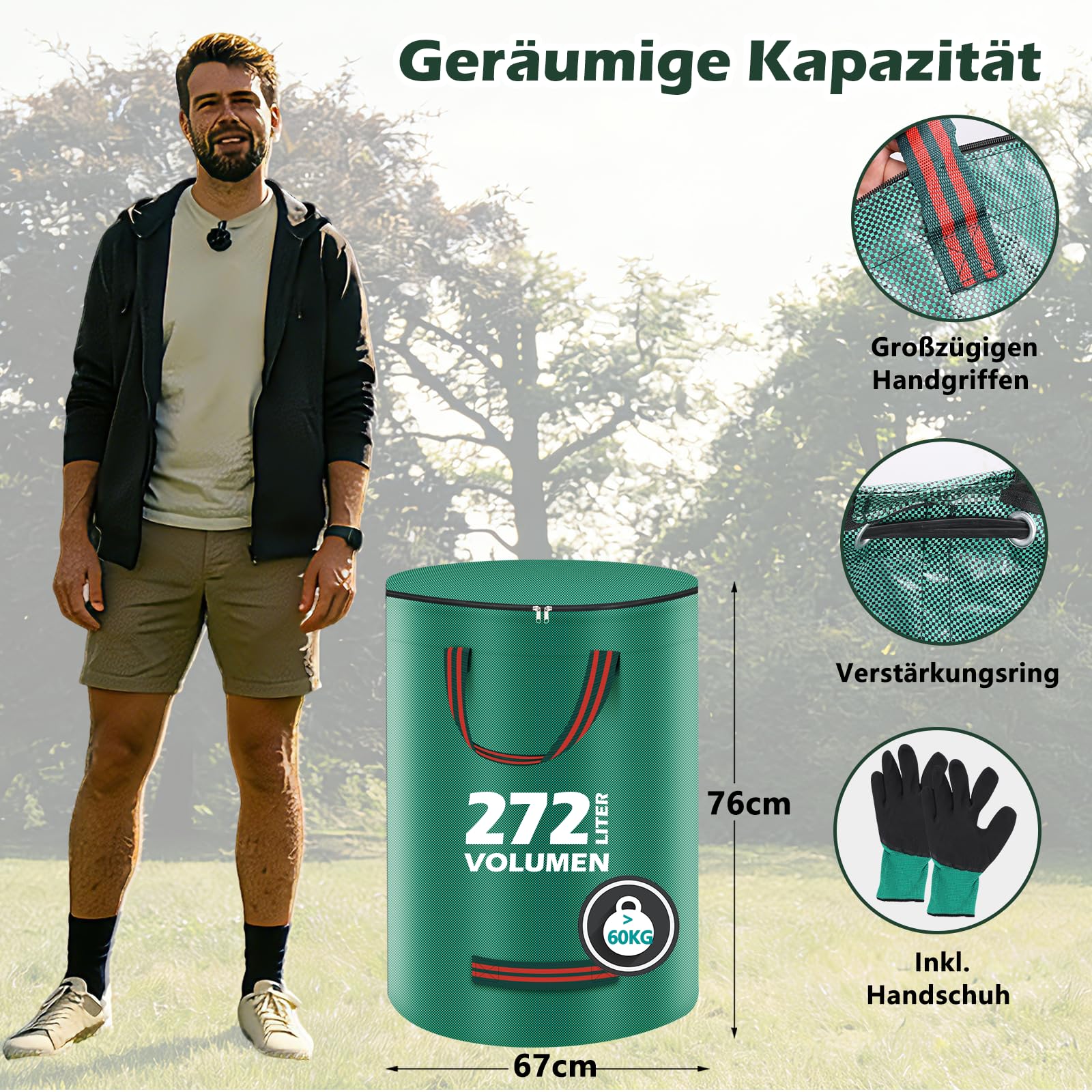 3 sacchi per rifiuti da giardino da 272 l, stabili con coperchio e guanti inclusi – Sacco da giardino grande, resistente agli strappi e impermeabile, riutilizzabile e pieghevole per taglio