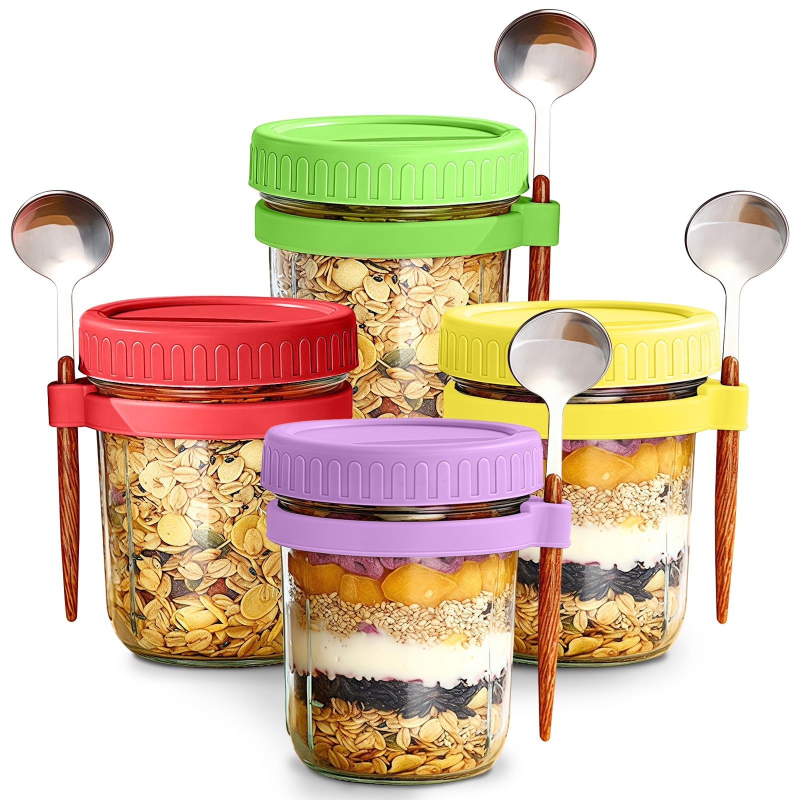 Chungg Transparent Overnight Oats Jar Container With Lids And Spoons, 4Pc 350Ml Oats Jar Glass Jars With A Scale，Store Containers Grains Vegetables Fruits And Yogurt Pot
