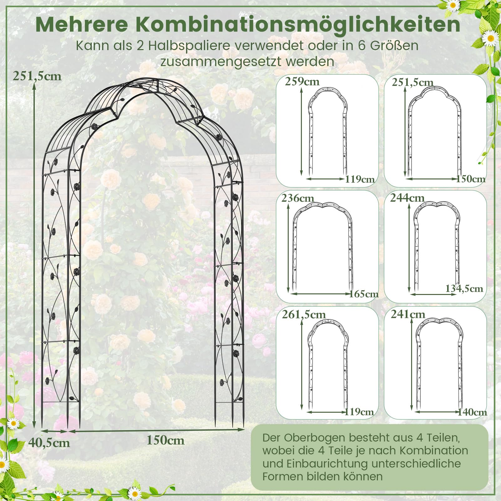 COSTWAY Rosenbogen halbrund, Gartenbogen Metall für Kletterpflanzen, 2 Halbbögen Garten, Torbogen Rosengitter Rankhilfe, Rankgitter Rosenspalier, für Veranda Hochzeit Partys, 150x40,5x251,5cm, Schwarz