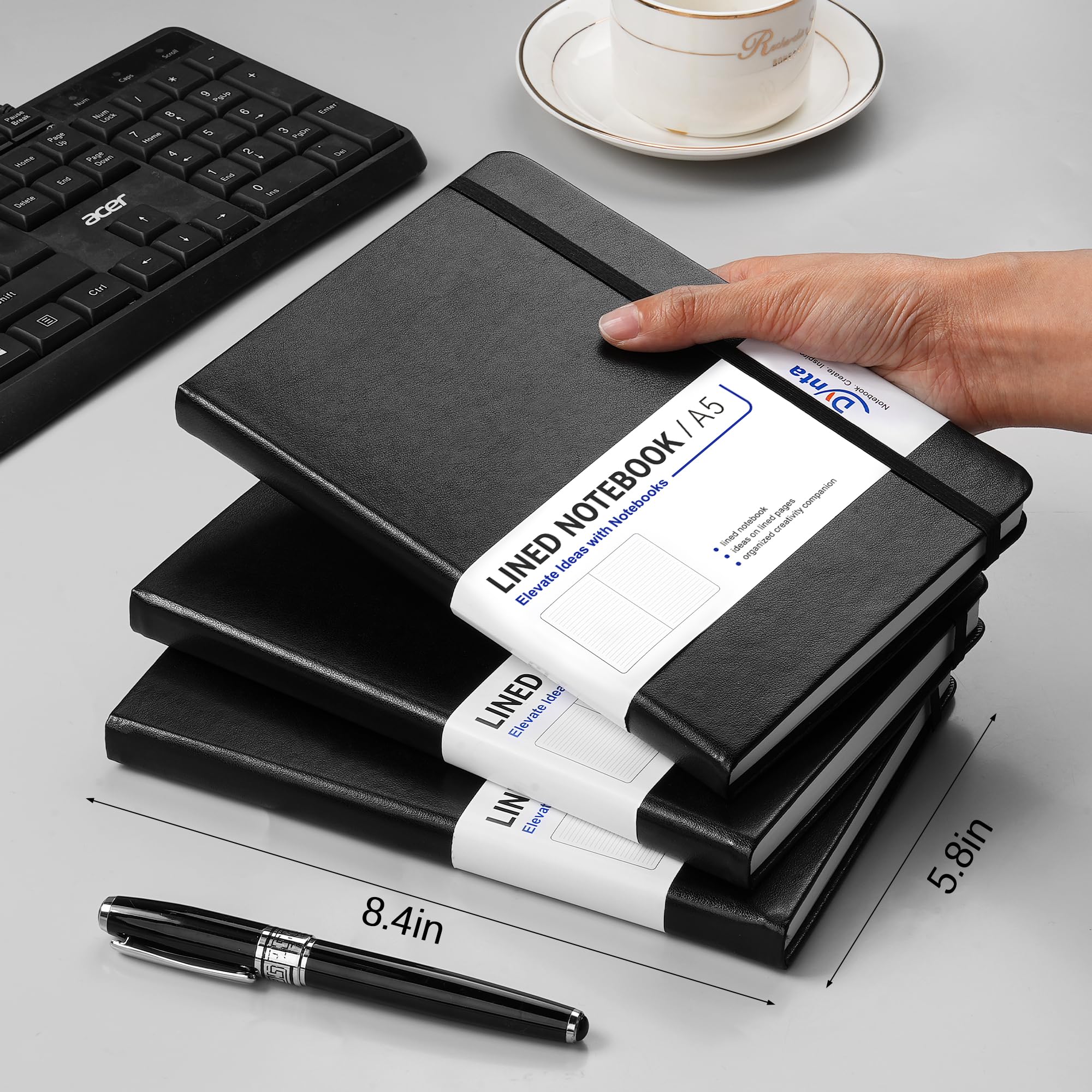 Dynta A5 liniertes Tagebuch, 6 Stück, schwarzes PU-Leder, Hardcover-Notizbuch, 100 g/m² dickes Papier, 200 Seiten (100 Blatt), Büro, Arbeit, Business, Notizbuch mit Inhaltsverzeichnis und Rückentasche