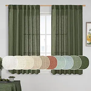 LAMIT Olive Green Linen Semi Sheer Curtains 45 Inch for Bedroom, Light Filtering Neutral Window Curtains Boho Back Tab and Rod Pocket Christmas Decor Panels, 2 Panels, 52 x 45 Inch