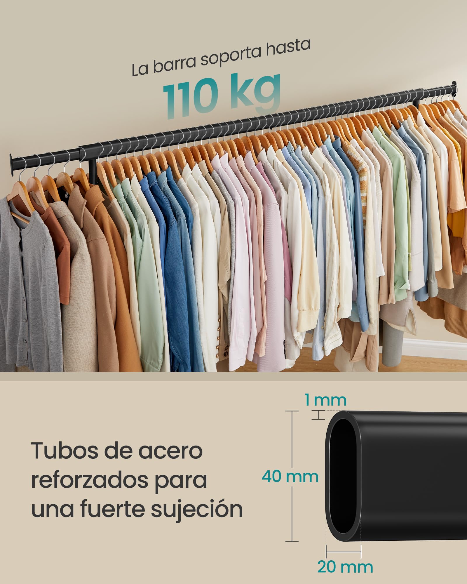 SONGMICS Burro Ropa con Ruedas, Perchero Extensible Capacidad 110 kg 45x160-200x162,9 cm Negro Mate