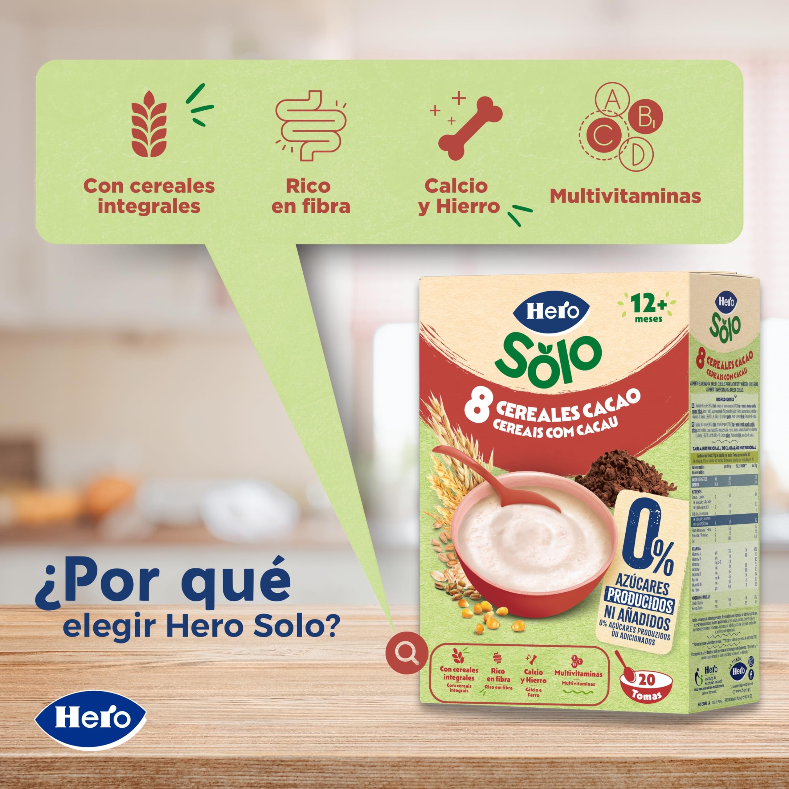 Hero Solo Papilla 8 Cereales con Cacao, Sin Azúcares Añadidos, Rica en Fibra y Vitaminas, Sabor Natural para Bebés, a partir de 12 meses