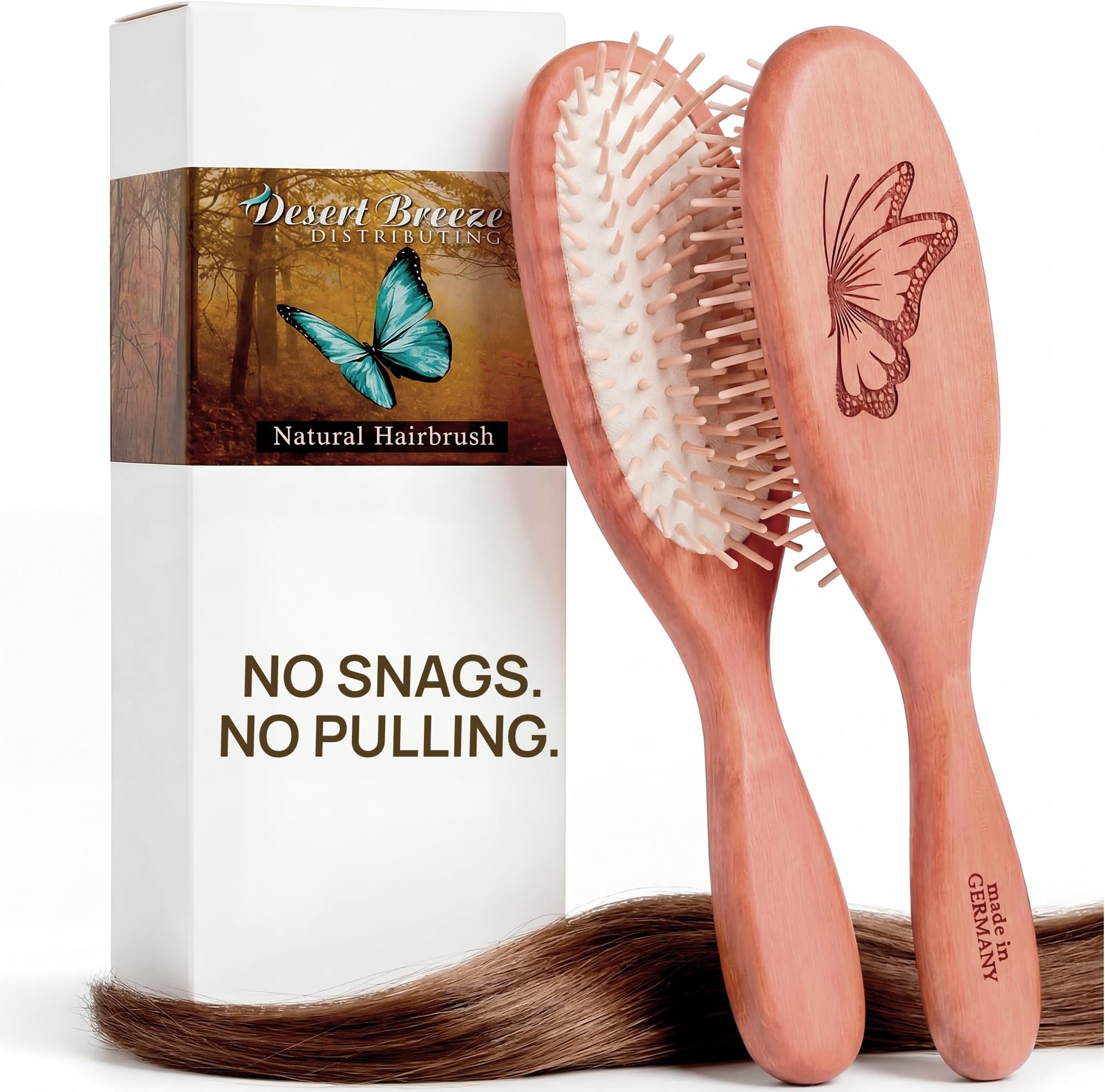 Desert Breeze Distributing Natural Wood Bristle Hair Brush, Gentle Massage, Pear Wood Handle, Made in Germany, Model PWW, For All Hair Types, Rounded Wood Pins, Anti-Static