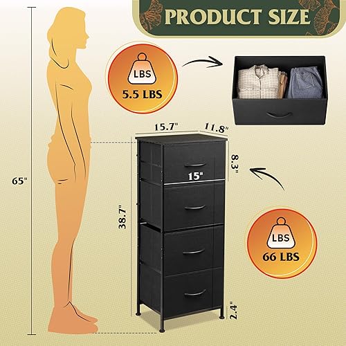 Miniatura 3 de WLIVE Cómoda con 4 cajones, torre de almacenamiento de tela, unidad organizadora para dormitorio, pasillo, entrada, armarios, marco de acero Negro