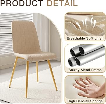 High Back Upholstered Dining Chairs Set of 4, Beige | Breathable Linen Fabric, Sturdy Metal Frame, Modern Dining Chairs for Kitchen Dining Room & Cafe, 300lbs Capacity, Save-space