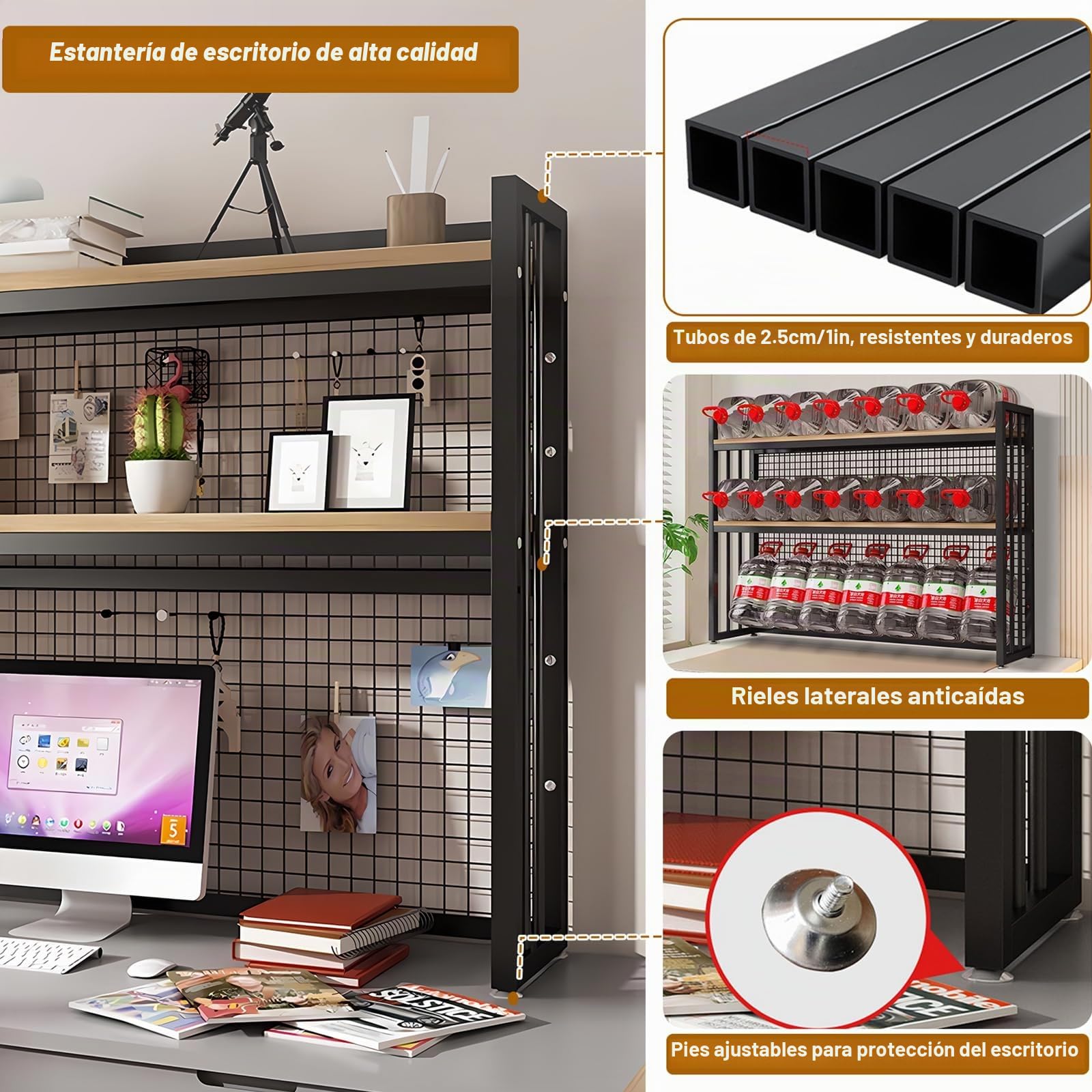 Estante de Escritorio 3 estantes, Estante Ajustable Organizador, estantería de Escritorio para Escritorio de la computadora, Madera y Metal para la Oficina casa Estudio Dormitorio (B, 75cm)