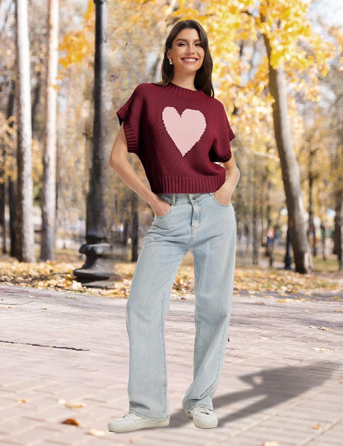 Womens Sweater Vest Mock Neck Cap Sleeve Sweater Tank Tops Cute Heart Knit Cropped Pullover Top - Image 6