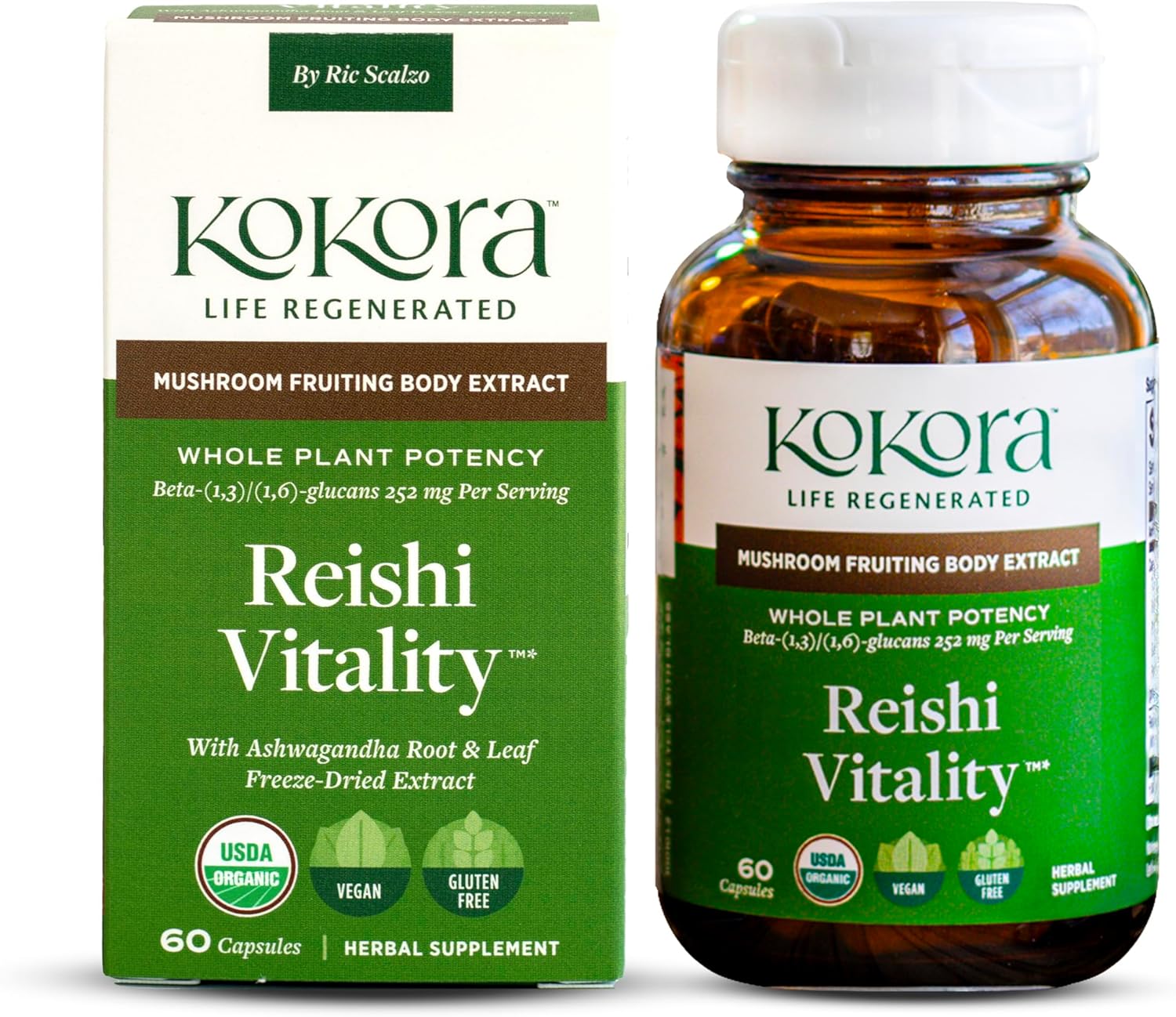 Kokora Reishi Vitality - Organic Adaptogenic Mushroom Capsules for Healthy Aging, Daily Wellness, Energy, Vitality*- Reishi with Beta Glucans & Ashwagandha - Vegan, Non-GMO - 60 Capsules - 30 Servings