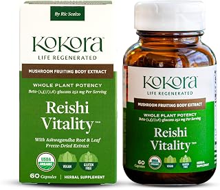 Kokora Reishi Vitality - Organic Adaptogenic Mushroom Capsules for Healthy Aging, Daily Wellness, Energy, Vitality*- Reishi with Beta Glucans & Ashwagandha - Vegan, Non-GMO - 60 Capsules - 30 Servings