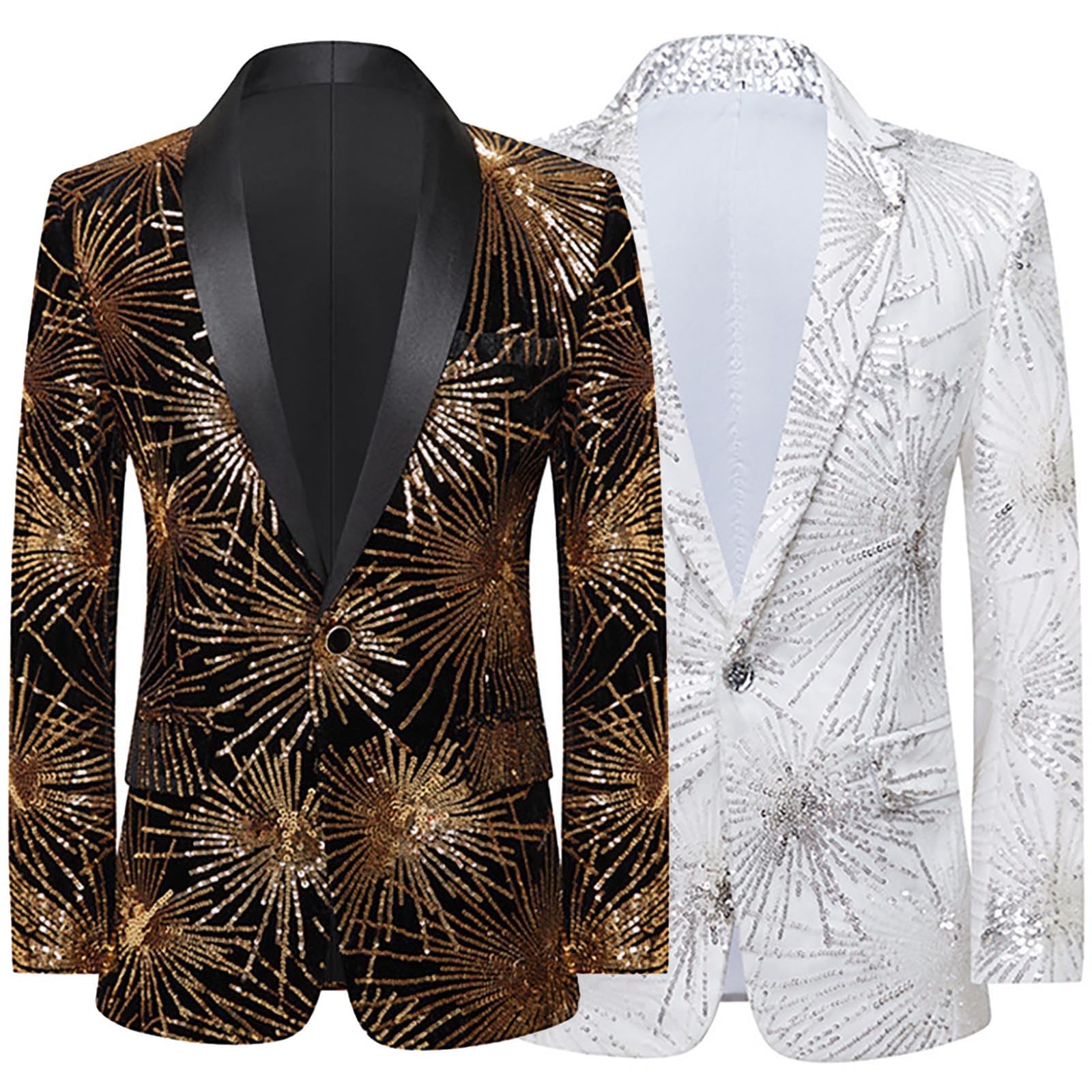 Generisch Pailletten Blazer Herren Glitzer Sakko Klassisch Anzug Jackett Slim Fit Hochzeit Mantel Casual EIN Knöpfe Anzugjacke Herrenjacke Performance-Kostüm für Karneval Silvester Party Bühnenkleid