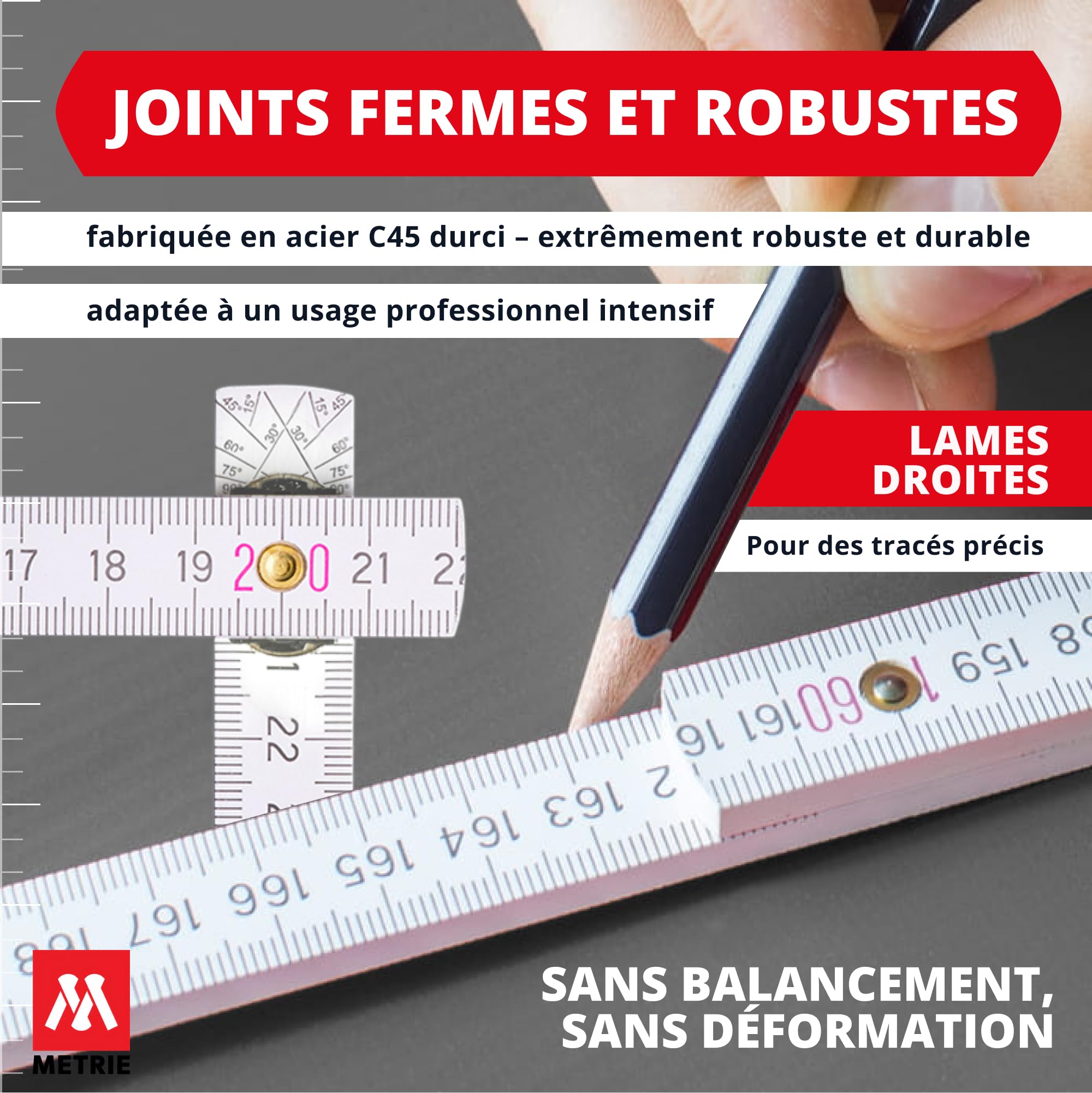 Metrie™ BLOCK 52 Mètre pliant – Mètre en bois 2 m | Blanc – Graduation duplex, Fabriqué dans l’UE | Robuste et précis | pour Artisans et Bricoleurs | 10 pièces