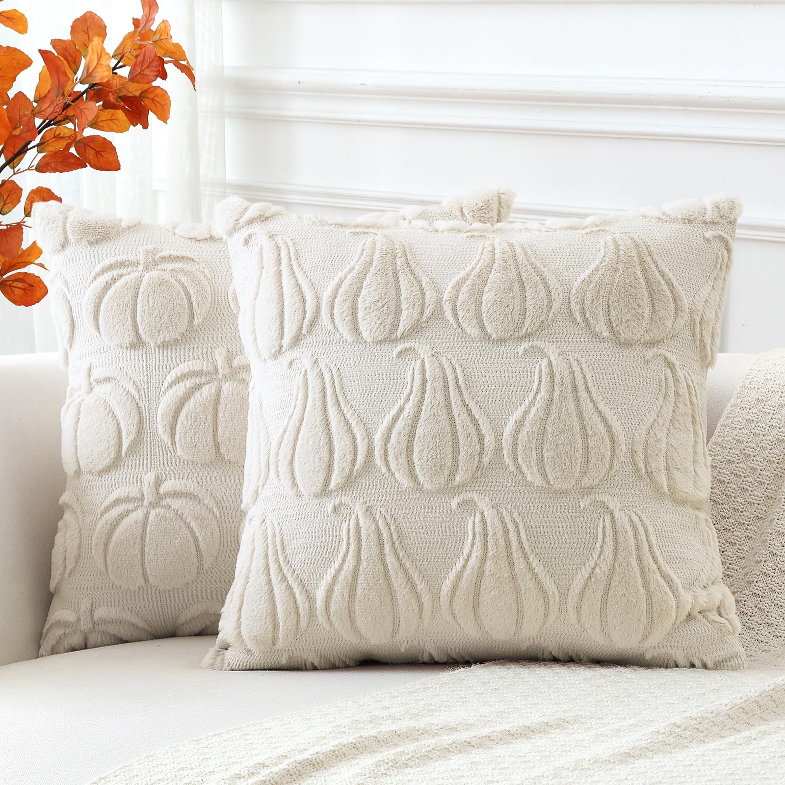 Artscope Fall Cushion Covers Set of 2 Two Types of Pumpkins Throw Pillow Covers for Sofa Couch Bed Living Room Soft Plush Short Wool Velvet Farmhouse Pillowcases for Halloween 45x45cm Cream Beige — image 1