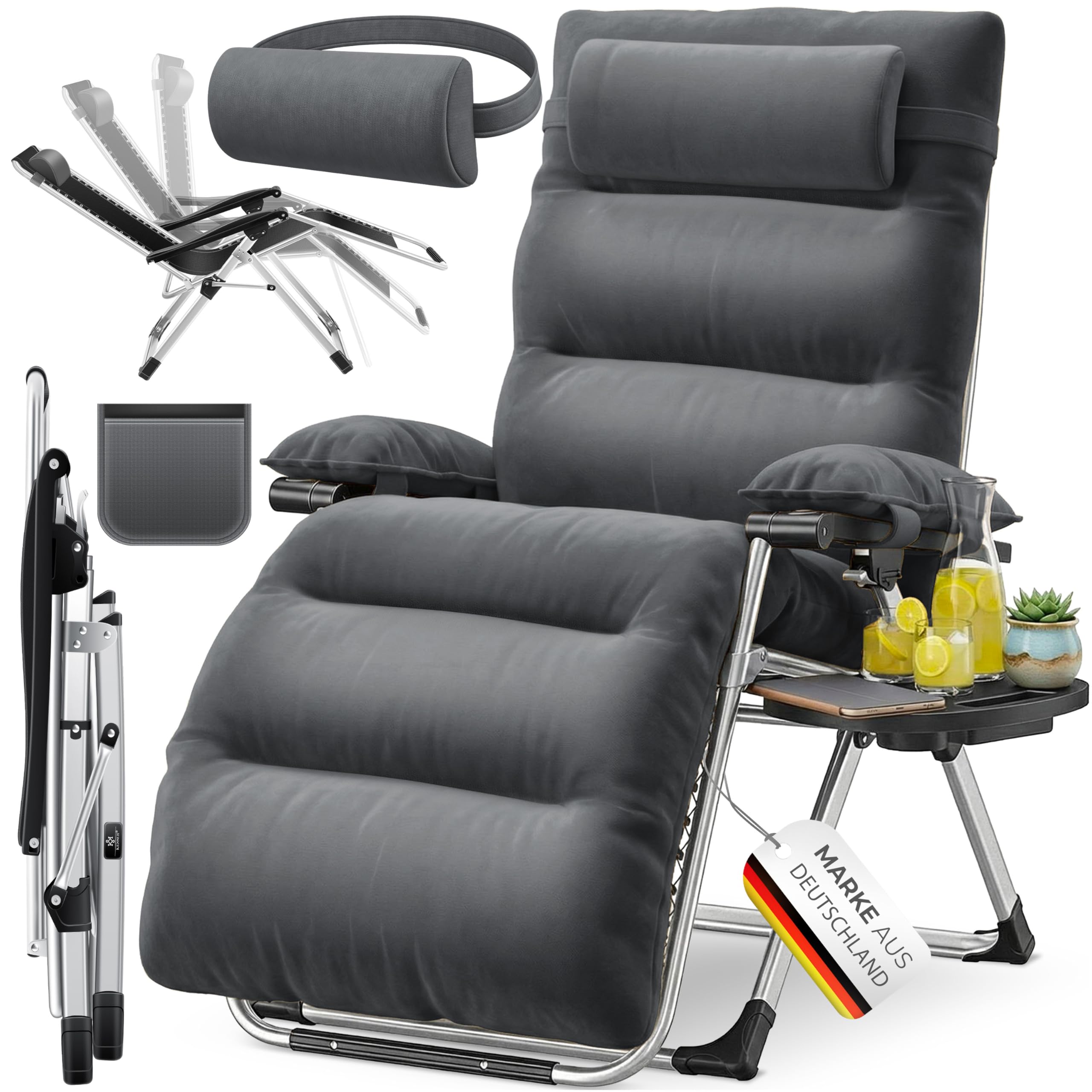 KESSER® Sonnenliege Liegestuhl,Gartenliege extra breit & Wetterfest,Belastbar 200kg,Ergonomisches Polster verstellbare Rückenlehne inkl. Nackenkissen Getränkehalter Armpolster & Seitentasche Anthrazit