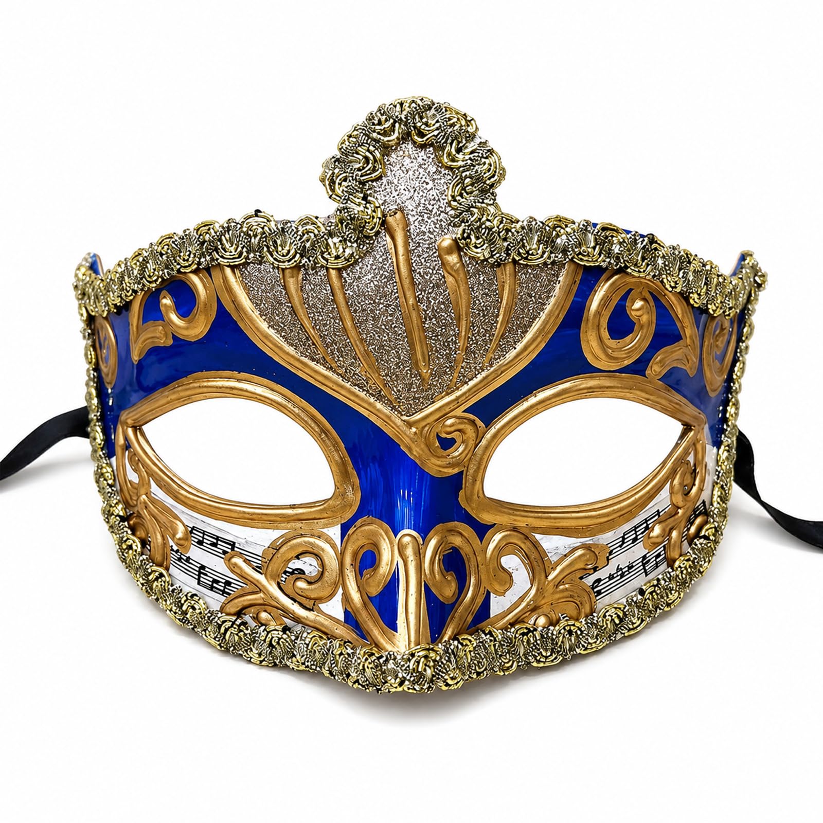 Blue Half-Face Venetian Carnival Mask with Gold Filigree, Musical Notes