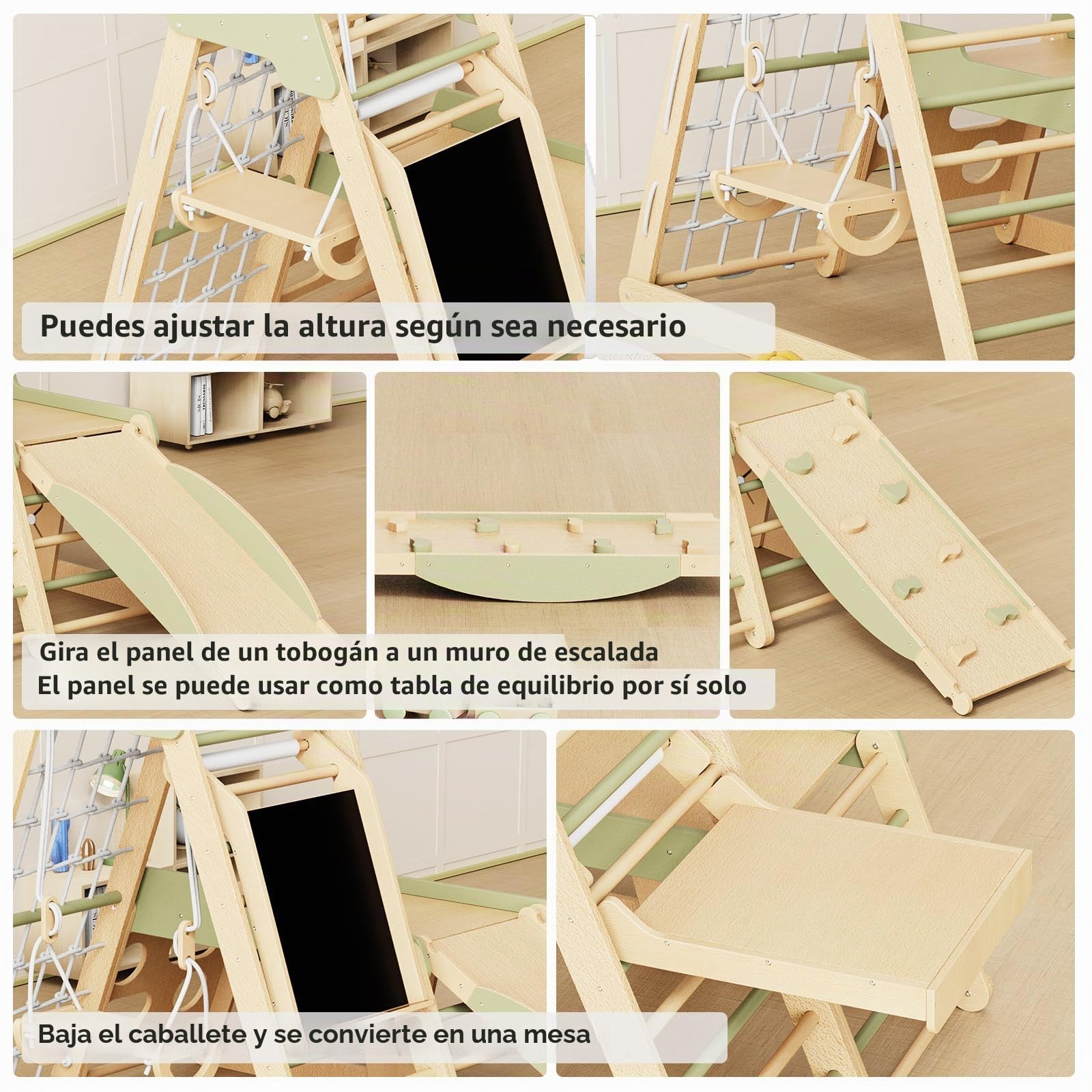 Triángulo de Escalada Infantil 12 en 1 Gimnasio Montessori Psicomotricidad Parque Interior para Niños Estable Conjunto de Juguetes de Madera con Tobogán, Muro, Red, Balancearse, Pizarra 1+ Años