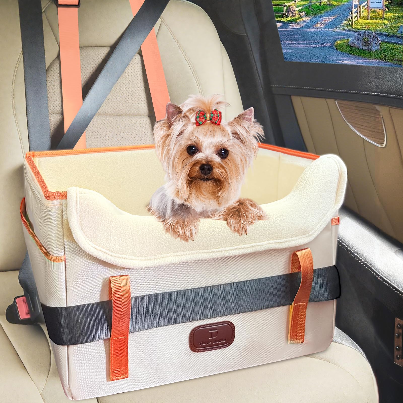 ThreeDokke Dog Car Seat for Small Dogs, Fuzzy Dog Car Seat Stable, Waterproof, Foldable with Clip-On Safety Leash, Pet Booster Seat Suitable for Front and Rear Seats (Khaki1-25lbs)