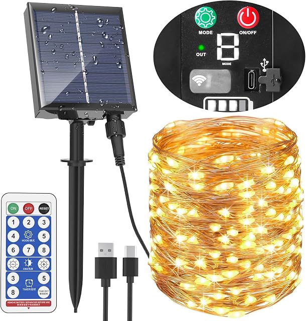 AUOPLUS Outdoor Solar Fairy Lights, 30 m 300 LED Copper Wire Solar String Lights with 8 Modes, Remote Control and Timer, IP65 Waterproof Solar Garden Lights Outdoor for Xmas, Patio, Balcony