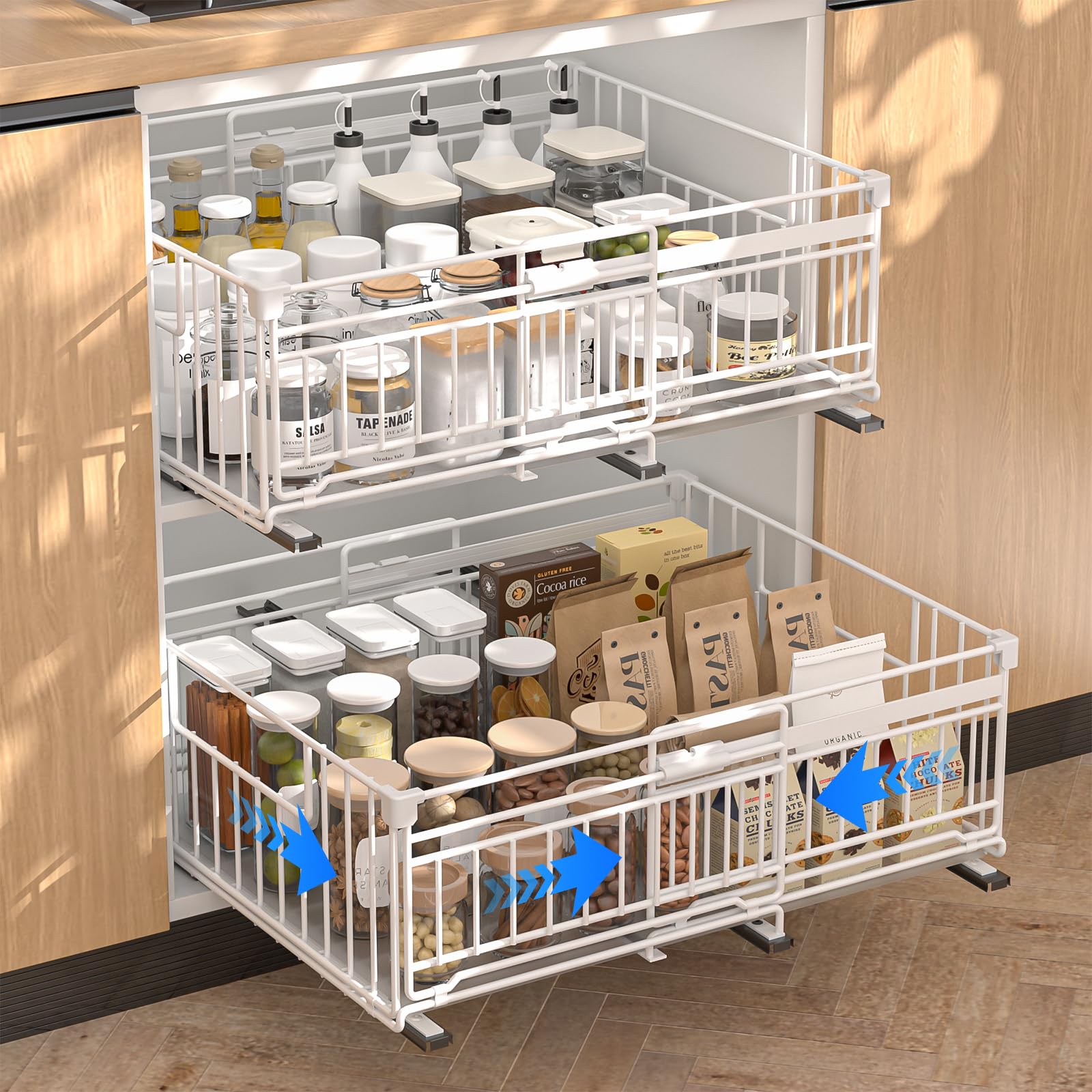 2 Piezas Cajones Extraibles para Cocina Bandeja Extraible Armario cajon Telescopico Cocina,Ancho Ajustable 32.5-50cm,Para Almacenaje y Organizador en Hogar Blanco