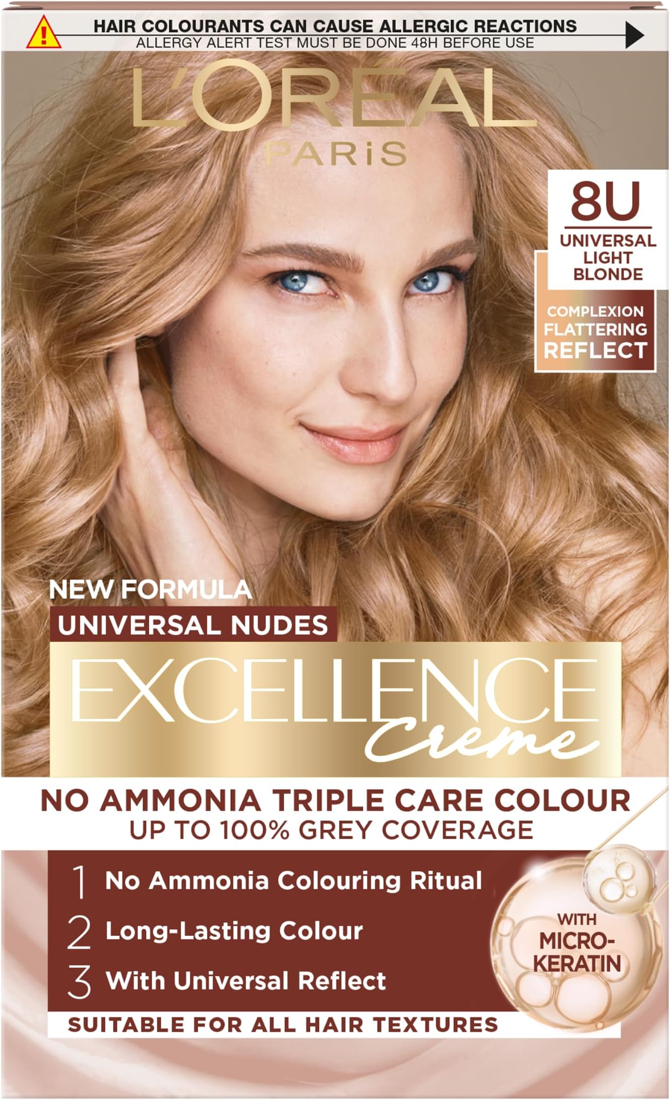 L'Orรฉal Paris Excellence Universal Nudes Hair Colour, Ammonia-Free, Micro-Keratine, Triple Care, 100% Grey Coverage, Radiance Boosting, 8U Universal Light Blonde
