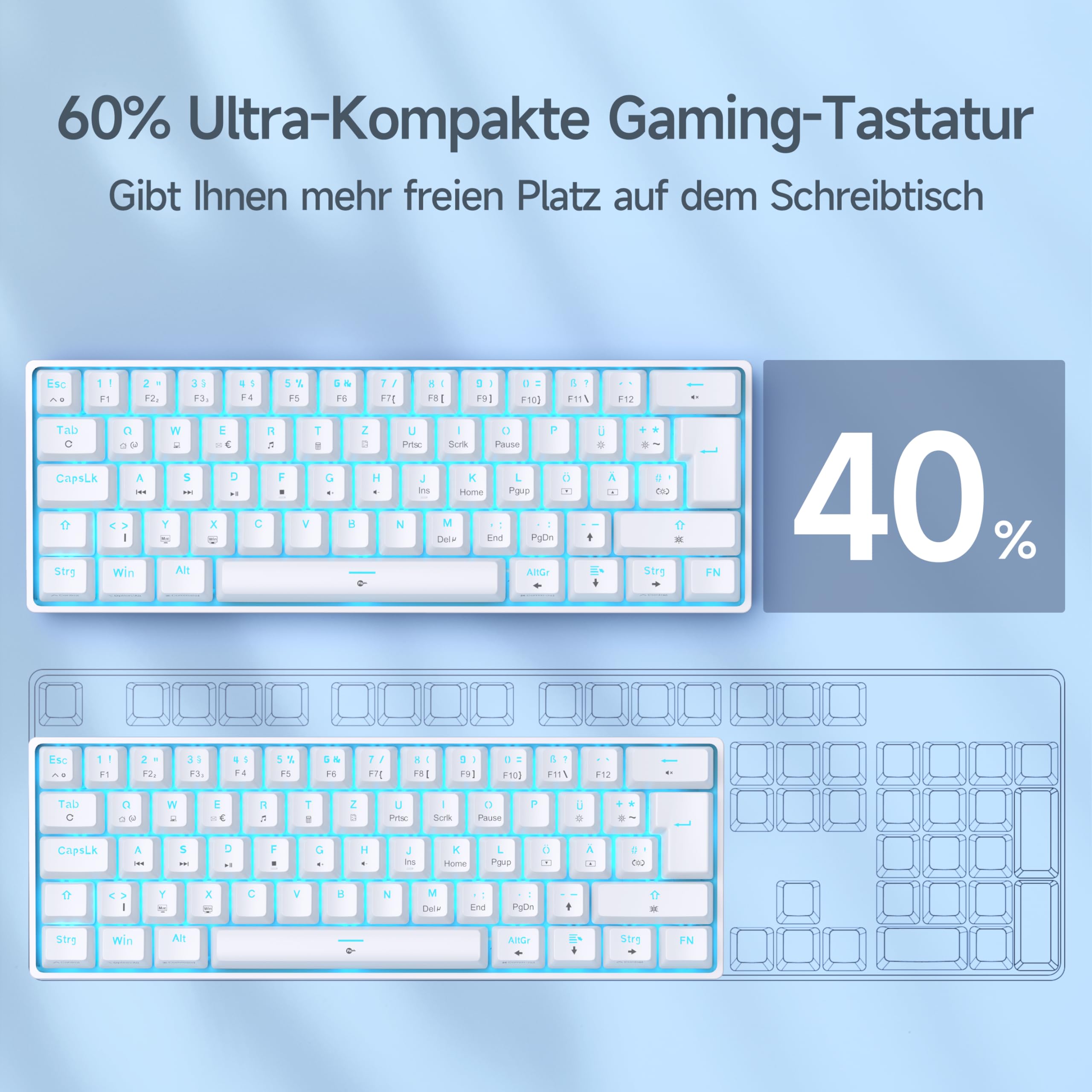 TMKB T61SE Gaming Mechanical Keyboard with German QWERTZ Layout, Red Switch, White - 3