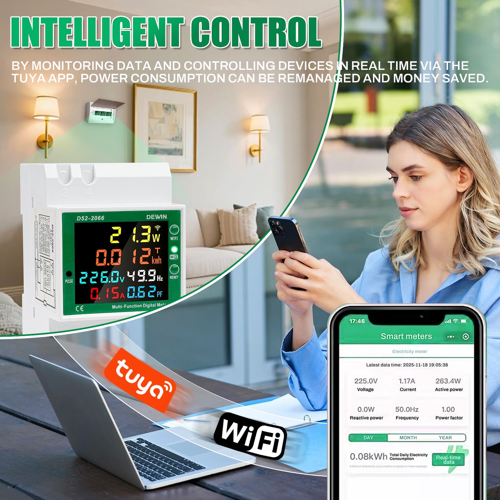 DEWIN Jednofazowy bezprzewodowy miernik zużycia energii elektrycznej, 6 w 1 jednofazowy cyfrowy licznik energii elektrycznej WiFi Tuya AC40~300V 100A woltomierz amperomierz szyny din