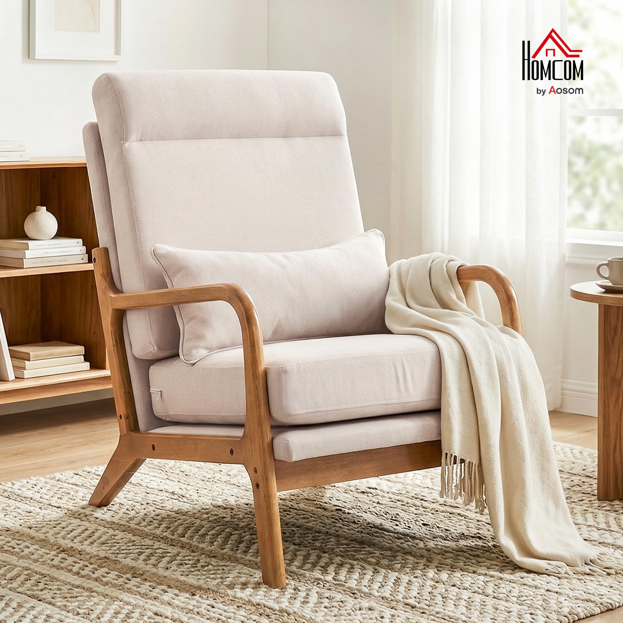HOMCOM Fauteuil Salon, Fauteuil d'appoint rembourré en Lin avec Large Assise, Soutien Lombaire, Haut Dossier, Coussin épais et Structure en Bois Massif, Chaise de Salon, Chambre, Coins Lecture, crème