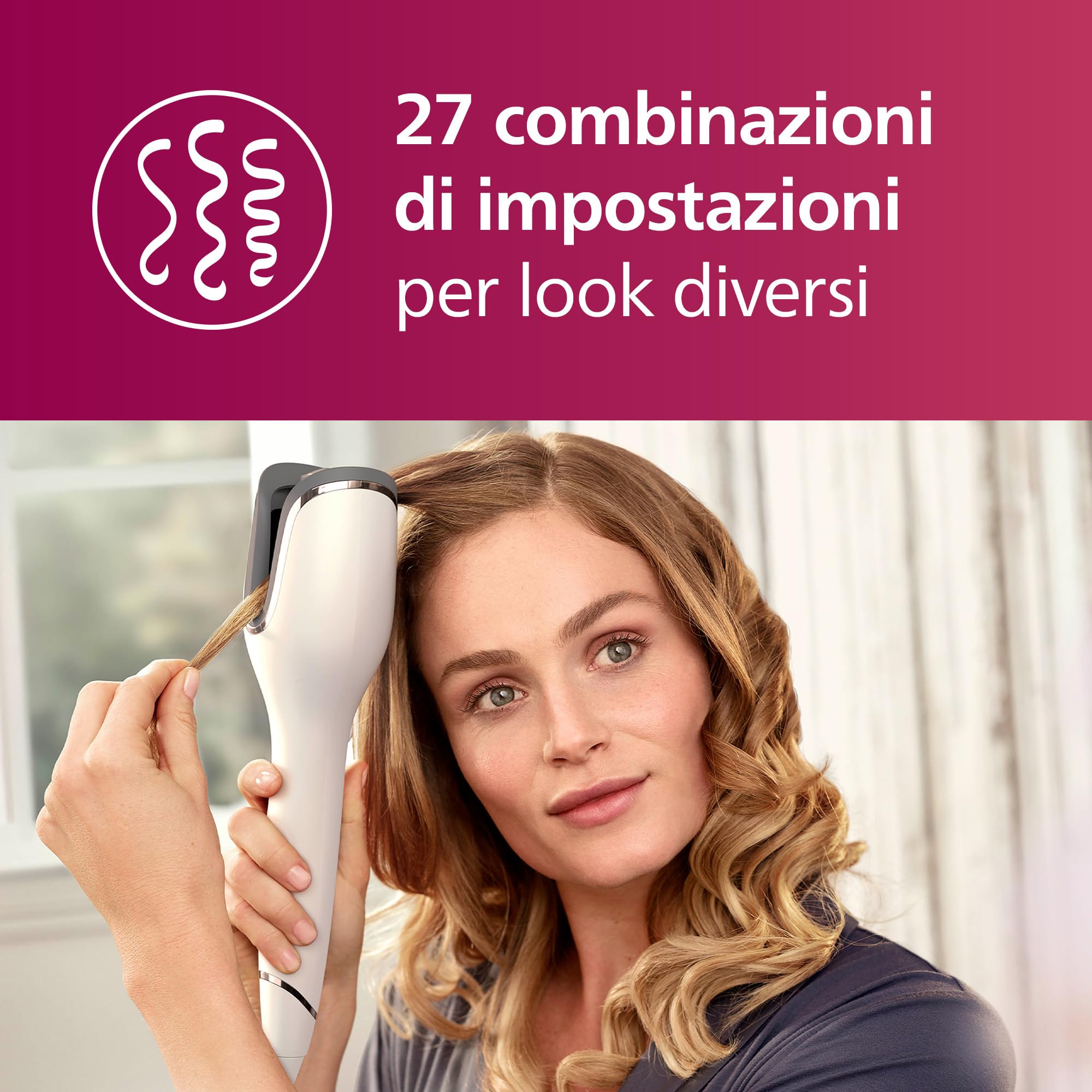 Philips Auto Curler Serie 8000, arricciacapelli con tecnologia MoistureProtect, 27 diverse opzioni di styling, bianco, modello BHB878/00