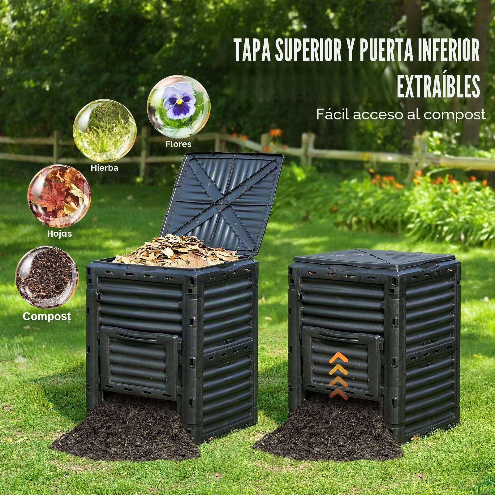 VEVOR Compostador de Jardín 300 L sin BPA Contenedor de Abono para Exteriores con Tapa Puerta Inferior Gran Capacidad Fácil de Instalar para Recolectar Hojas Compostaje Creación Rápida Suelo Fértil