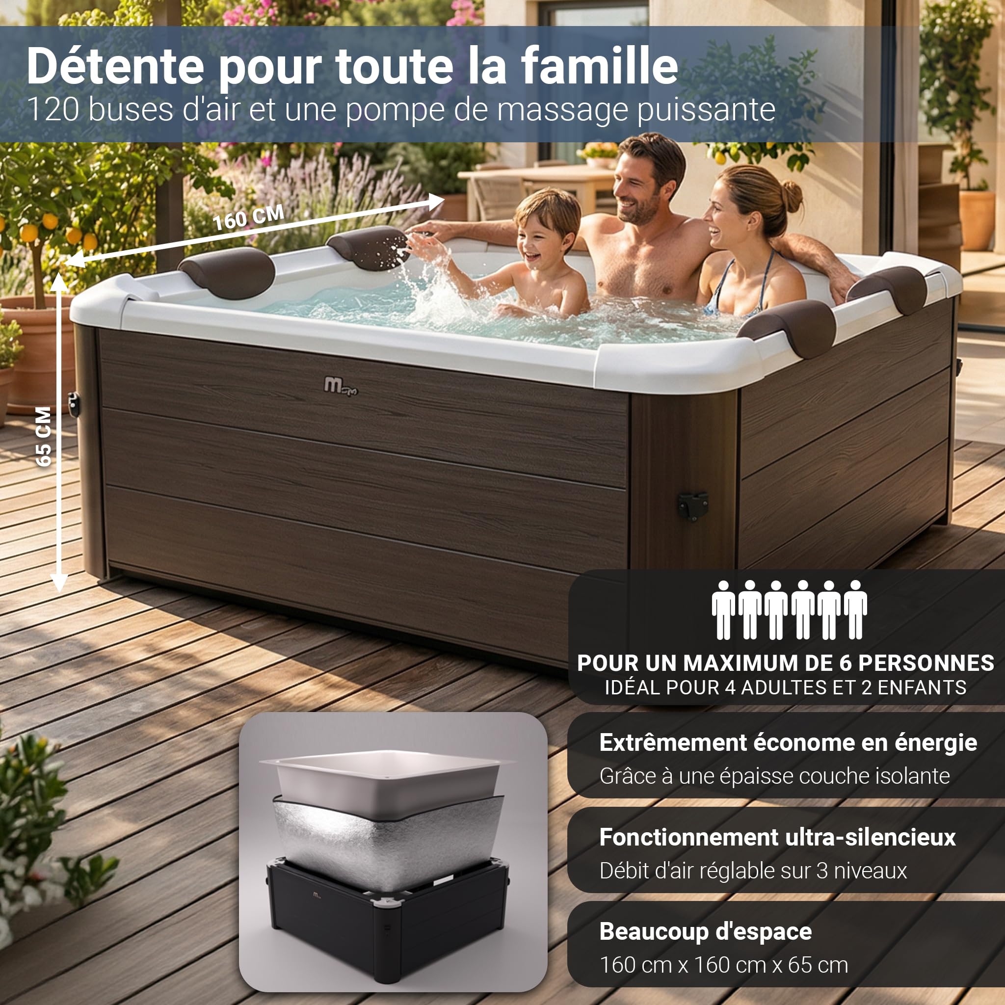 Miweba MSpa Spa extérieur Tribeca paroi Rigide - Contrôle Via Application - Spa 6 Personnes 160x160x65 cm - 120 Buses de Massage - Utilisation Toute l’année Hiver résistant