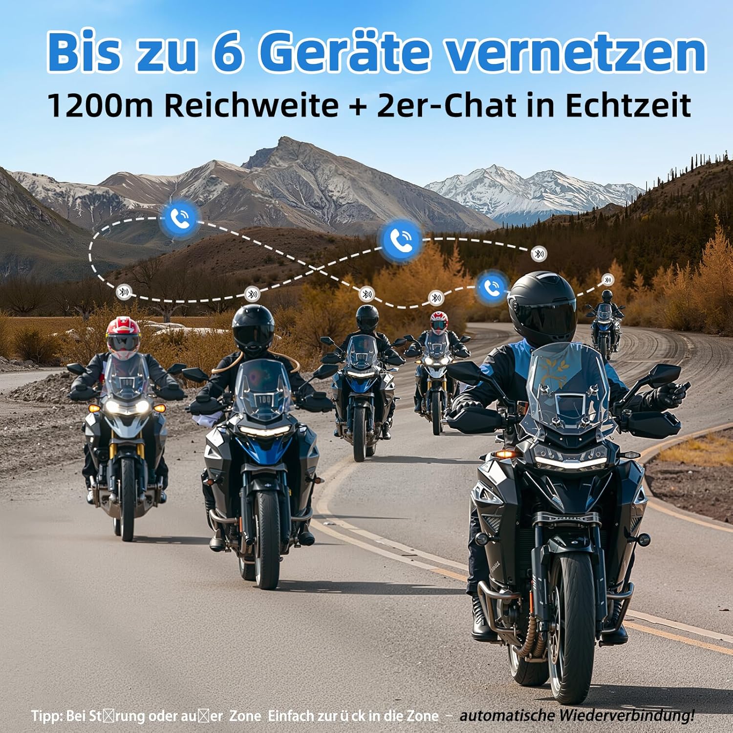 Six motorcyclists riding on a winding road, with dotted lines and phone icons illustrating a networked communication system with a 1200m range and 2-person real-time chat capability.