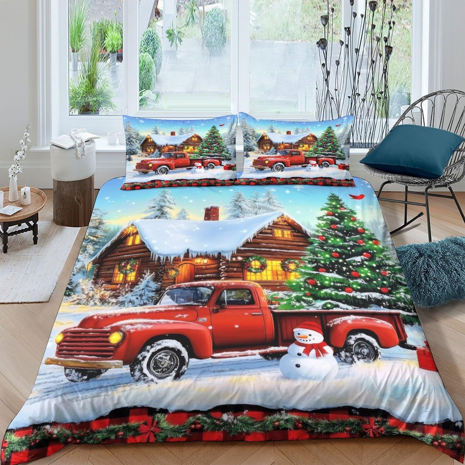 Ctjqhvkz Style-3 3D Printed Winter Cabin Fitted Sheet Microfiber Red Truck Christmas Tree Bed Cover For Bedroom Guest Room Decor Single（135X200cm）