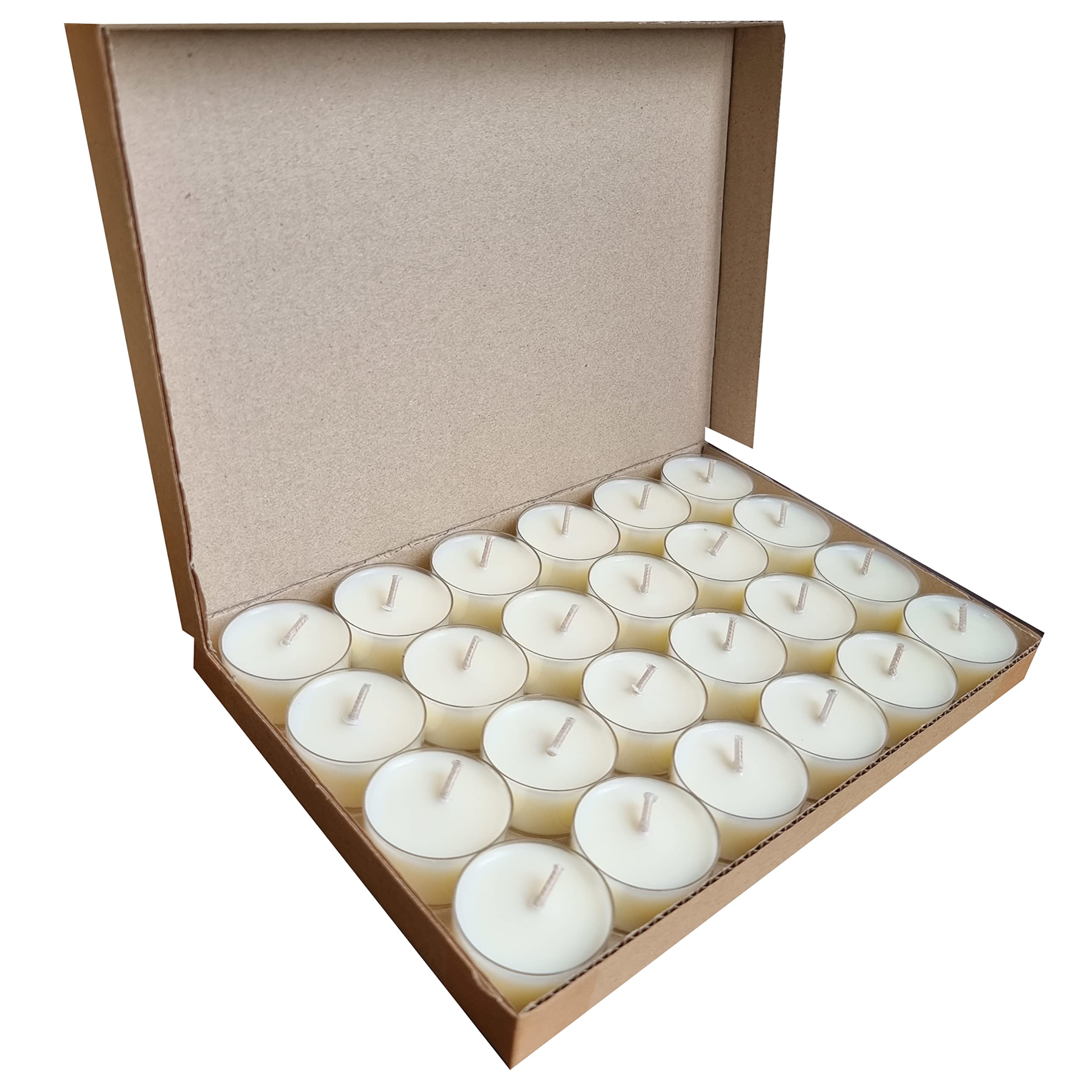 24 Natural Unscented 100% Vegetable Soy Wax Tealight Candles Minimum 4 Hours Burn Time Paraffin-Free Non-Toxic Vegan Tealights in Clear Cup for Oil Burner & Wax Melter