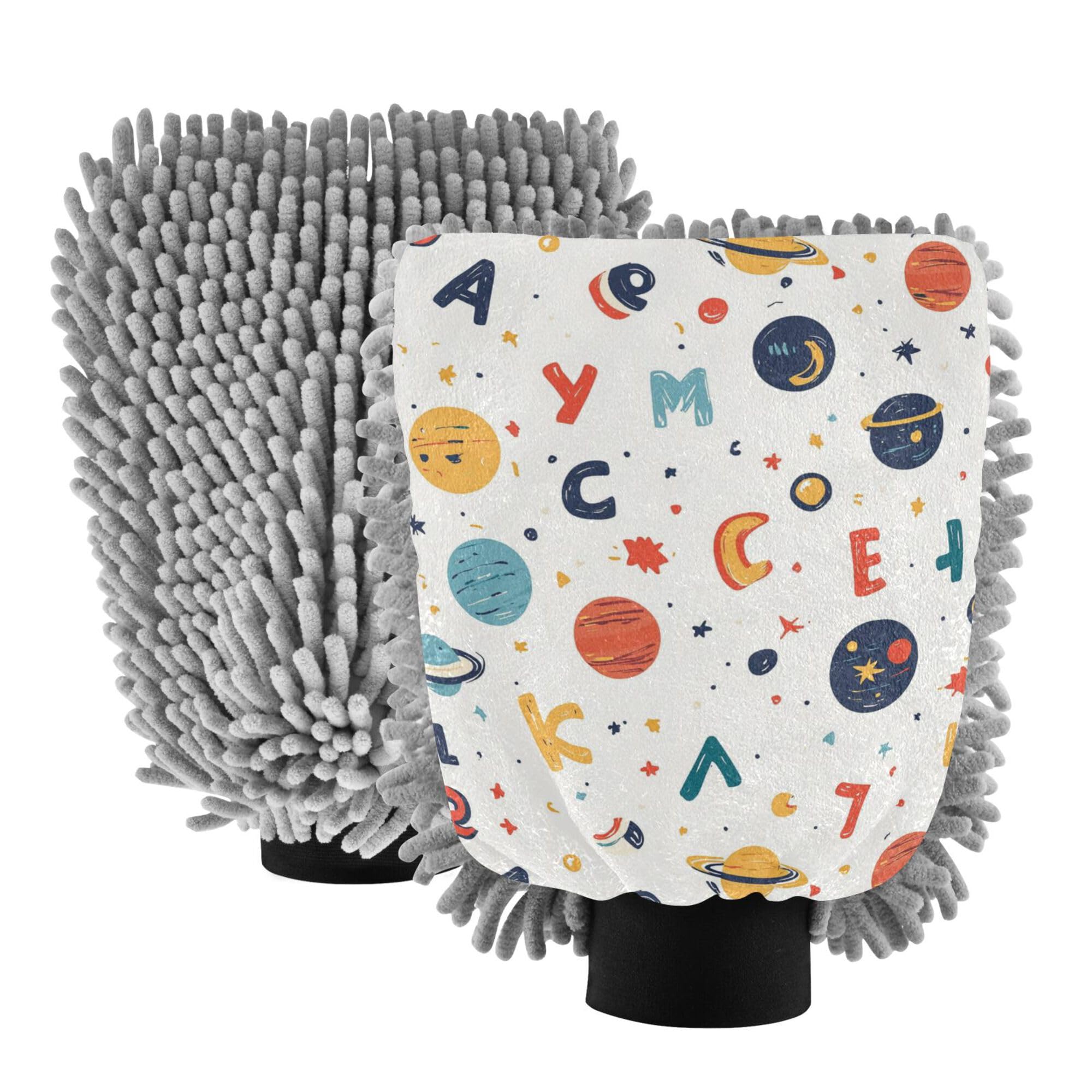 Cartoon Outer Planets Alphabet White Wash Mitt Microfiber 2 Pack Car Mitts for Washing Scratch-Free Detailing Sponge for Auto Supplies