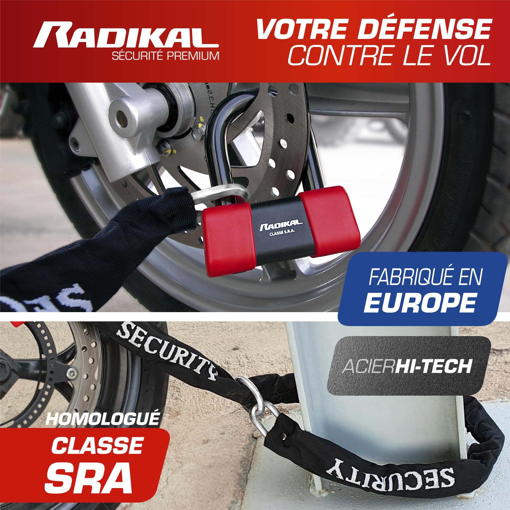 RADIKAL RK75+10.120L Chaine Système Boucle ø10 + Antivol Moto Disque Mini U Haute Sécurité Homologué Classe SRA, 120cm Plus Distance, Anti vol Multifonction pour Moto, Ancrage, Parking, Scooter, Velo