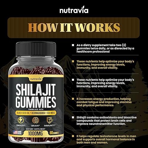 Miniatura 4 de Gomitas Shilajit 3 en 1 con musgo marino, aceite de semilla negra, Ashwagandha, fórmula natural, suplemento Shilajit de 85+ oligominerales, gomitas