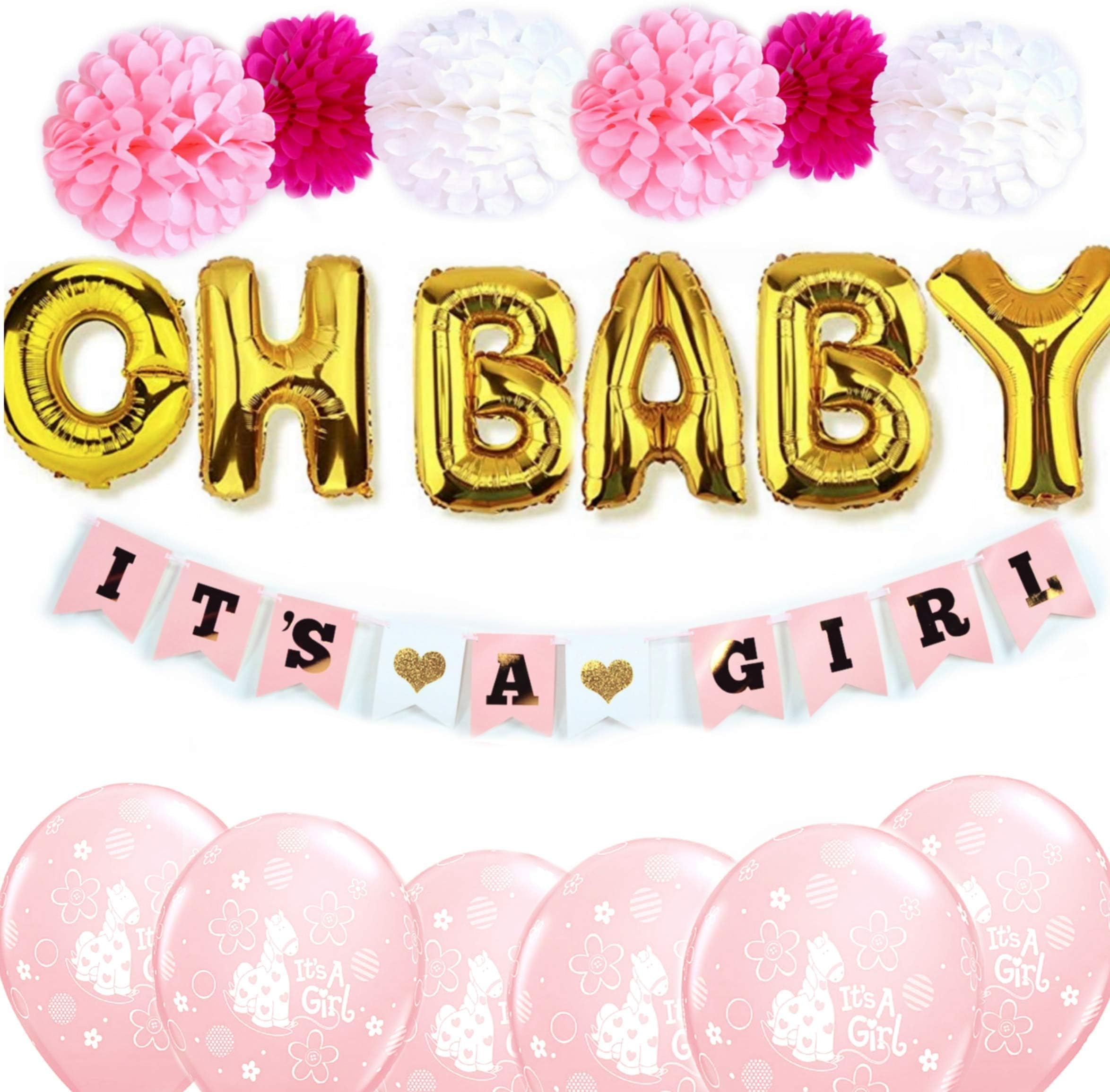 Baby Shower Decorations for Girl Pink and Gold Decor/Girl Shower Decorations/It's a Girl Banner/OH Baby Balloons It's A Girl Banner/Latex Balloons, Pompoms