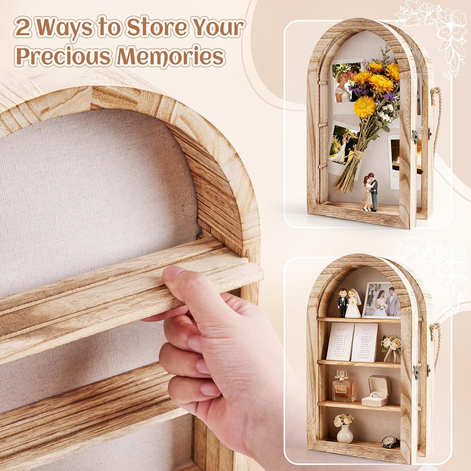Shadow Box Frame 10x16 Large Arched Memory Display Case with Linen Back Removable Shelves & Acrylic Front, Keepsake Picture Frame for Bouquet, Photos, Medals & Memorabilia, Memorial Gift
