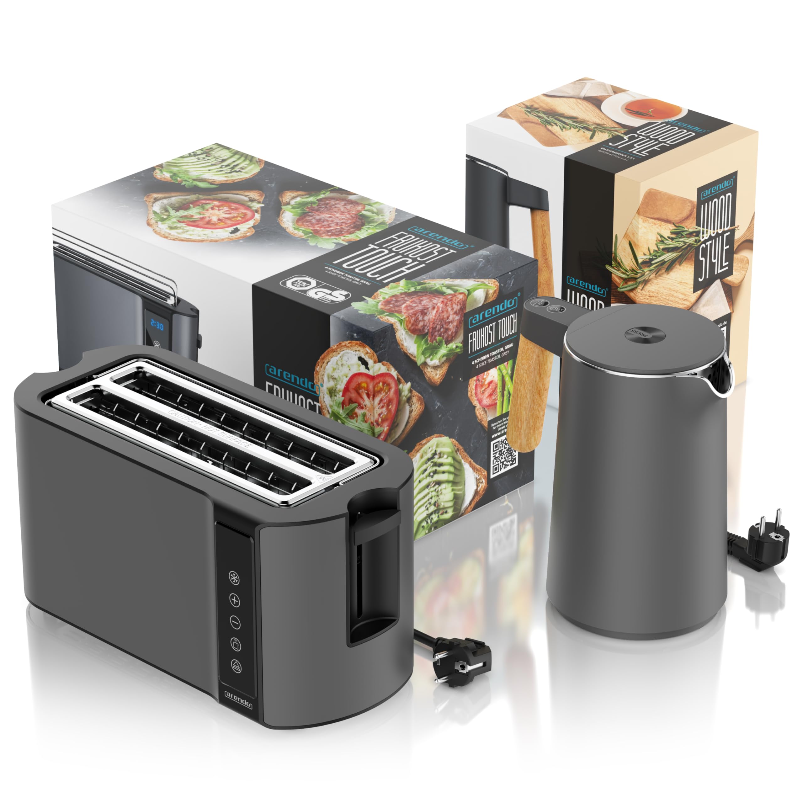 Arendo Wasserkocher Toaster Set Edelstahl 45-100 Grad Warmhaltefunktion 4 Scheiben Touch Display Brötchaufsatz Cool Grey