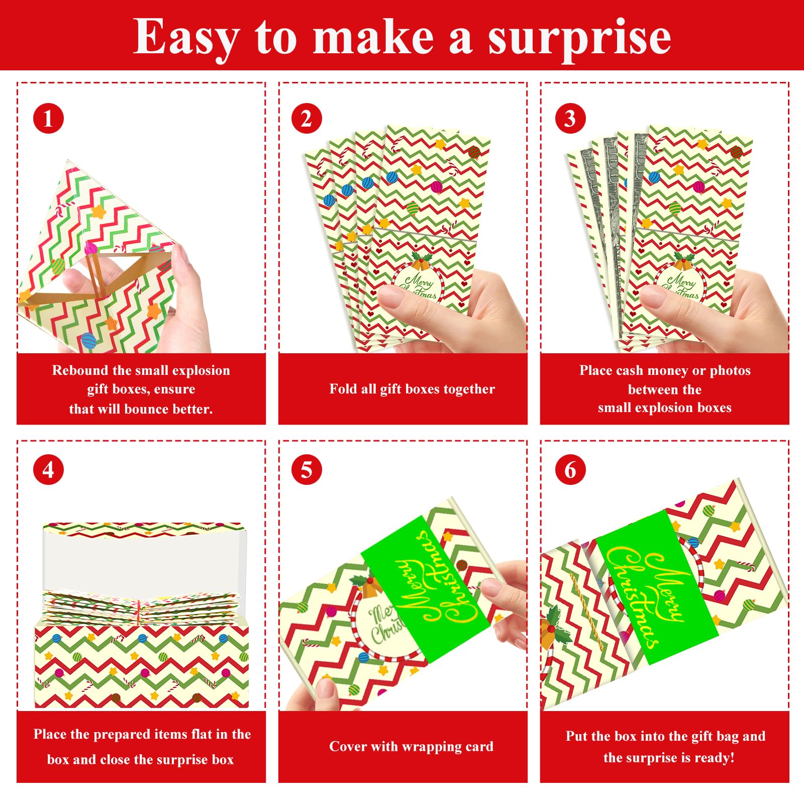 Christmas Surprise Money Gift Box with Confetti, Xmas Exploding Gift Box with 12 Folding Bounce Boxes, Confetti Explosion for Birthday, Party, Kids, Women, Men, Money Holder Box with Gift Bag