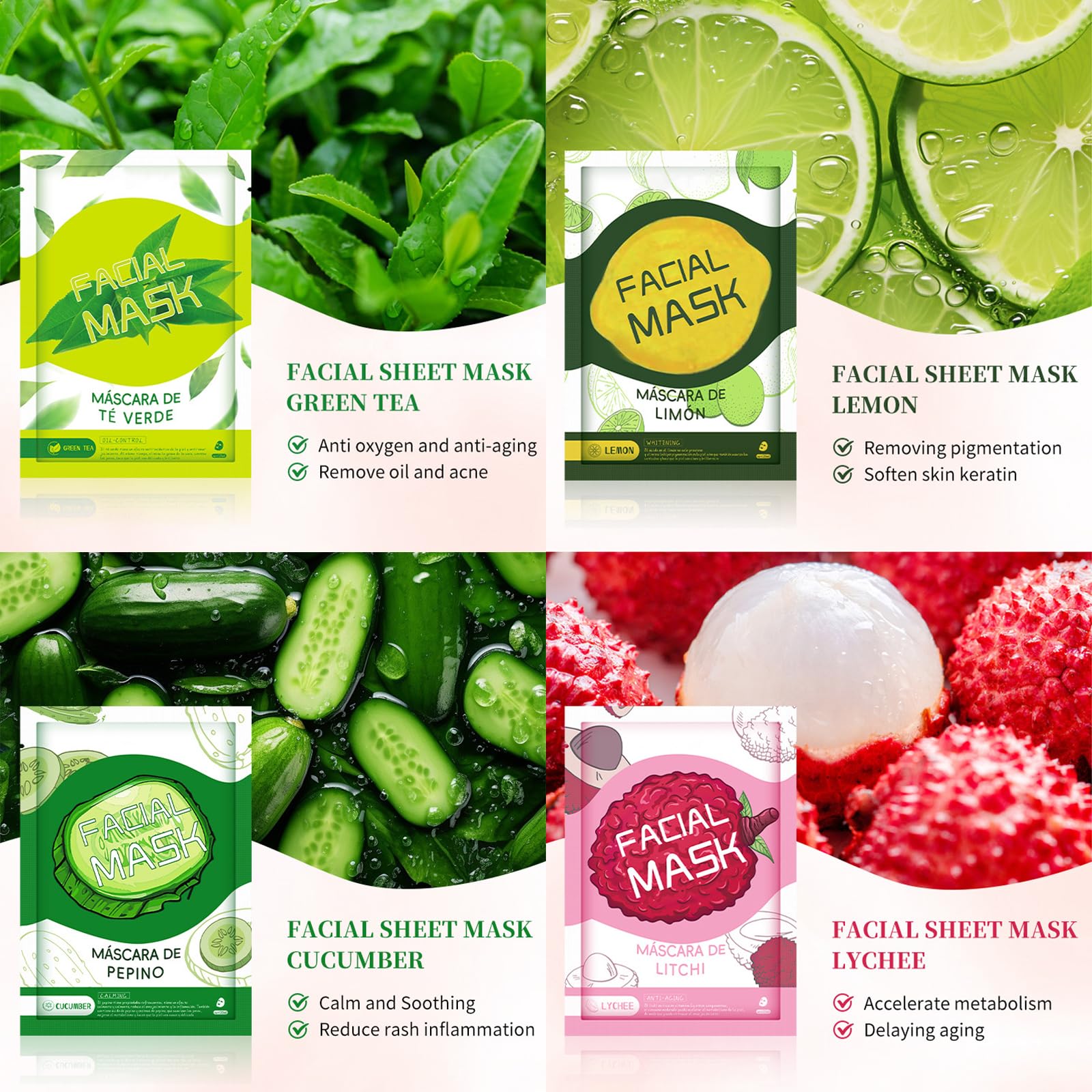 10 Sheet Face Mask Set, Face Masks Skincare, Fruit Plant Sheet Mask Brighten Hydrating Smoothing and Improve Dullness - Image 3