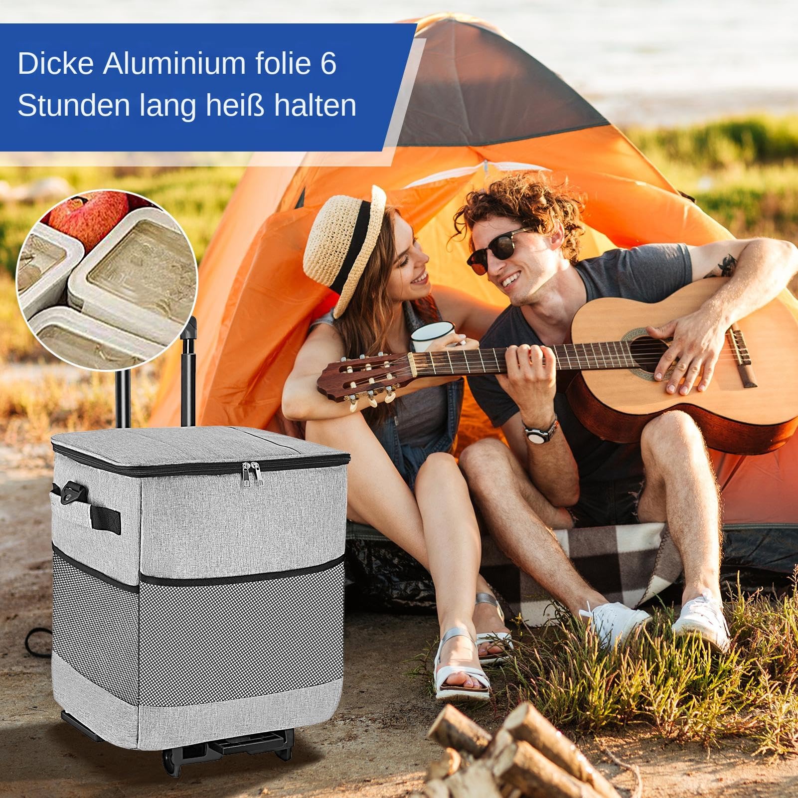 Coolers with Wheels, Travel Cooler, Foldable Cooler, izolowane pudełko do przechowywania, przenośny wózek na kółkach, na piknik, plażę, kemping, 80 x 40 cm, czarno-szary, 1 sztuka